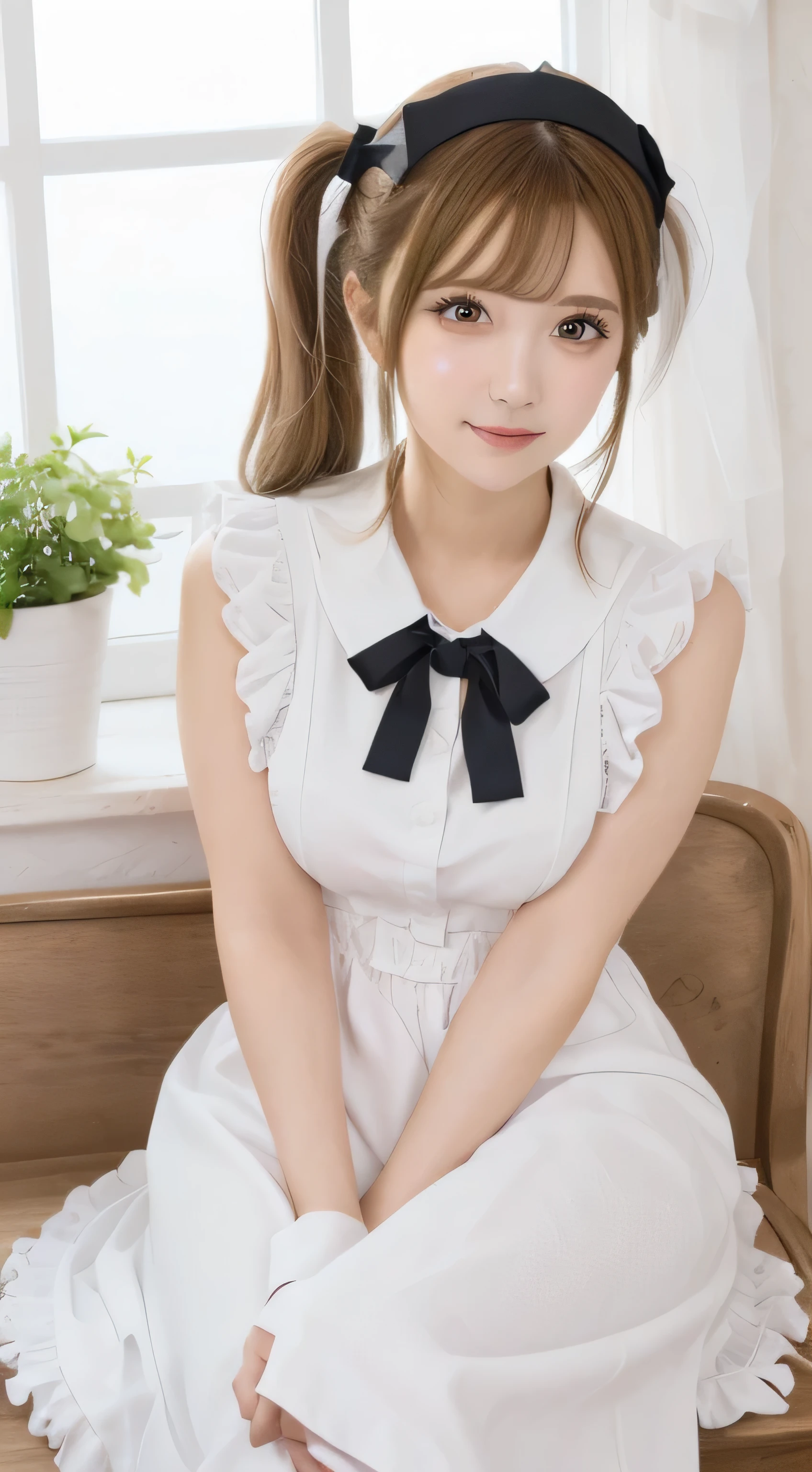 Tabletop, highest quality, shape, Very detailed, In detail, High resolution, 8k wallpaper, Perfect dynamic composition, ((close:1.3,  View your viewers)), Beautiful details , (Wearing a cotton maid outfit, , Cute Ruffle Girl Dress, Maid's headband, Base color is white、black、green),Twin tails