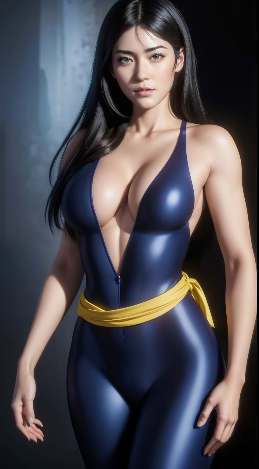 masterpiece, best quality, highly detailed, ultra high resolution, (photorealistic: 1.8), unreal_engine, photography, realistic_skin_texture, wallpaper, 1 boy, hayato kasukabe, japanese face, (ultra detailed face), 8k, trending on artstation, highly detailed , best quality, ultra detailed, realistic, Hitomi Kisugi, 1 girl, beautiful girl, long black hair, beautiful detailed eyes, beautiful detailed lips, eyelashes, beautiful eyes, beautiful brown eyes, detailed face, beautiful face, beautiful face, blue bodysuit, dressed in blue, a thin yellow sash around the waist, bright colors, HDR, studio lighting, sharp focus, in action towards the spectator, posing towards the spectator