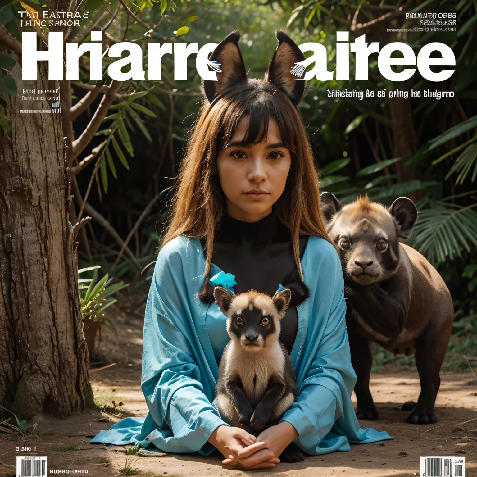 please generate image like magazine cover include animal : vaquita, Rhinoceros, tardigrade, black shrew, hirola antelope, golden langurs, silky sifaka & iriomote cat.