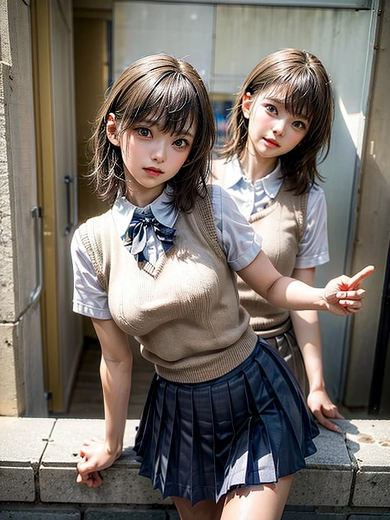 Masterpiece, Top Quality, Top Mikoto, brown eyes, short hair, small breasts, looking at viewer, alone, closed mouth, collared shirt, beige knit vest, dark blue  Skirt, school_uniform, shirt, white_shirt, classroom,Masterpiece, highest quality, 8K, detailed skin texture, fine cloth texture, beautiful detailed face, intricate details, super detailed,cute,cute posing,composition that shows the whole body,