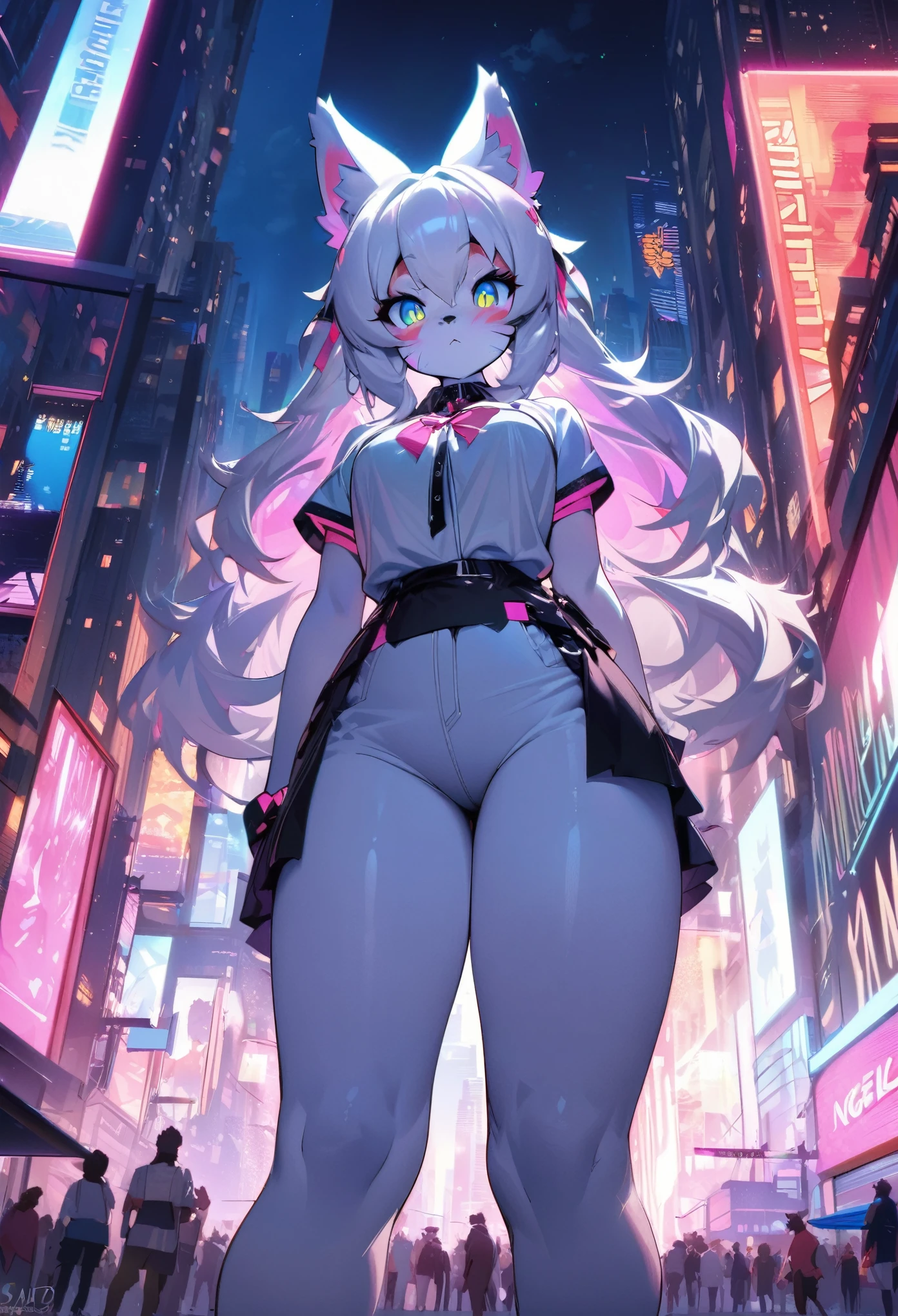 perspective, top quality, best quality, High-quality illustrations, masterpiece, (angelic cute 1girl, kemono, solo focus)(furry anthro)Night sky, skyscraper, Shining neon, Illuminated billboards, Laser lights extending from buildings to the sky, full moon(highly detailed beautiful face and eyes)absurdres, perfect anatomy,