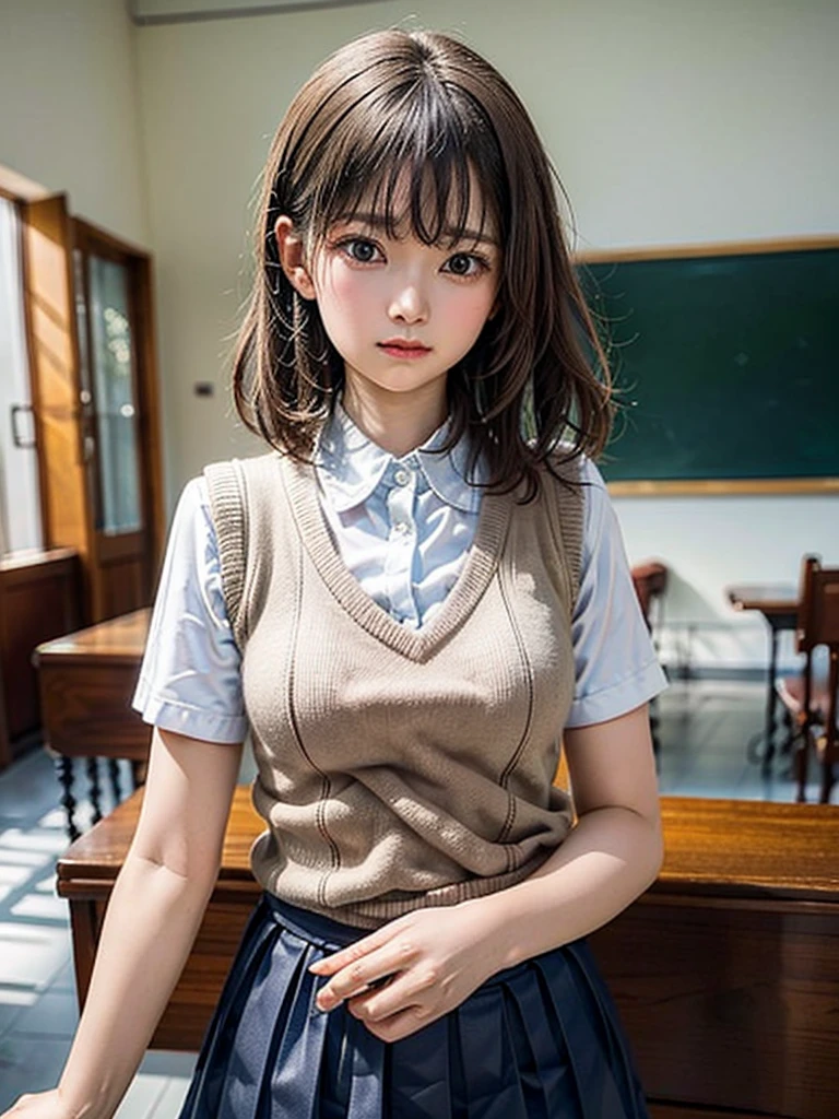 Masterpiece, Top Quality, Top Mikoto, brown eyes, short hair, small breasts, looking at viewer, alone, closed mouth, collared shirt, beige knit vest, dark blue  Skirt, school_uniform, shirt, white_shirt, classroom,Masterpiece, highest quality, 8K, detailed skin texture, fine cloth texture, beautiful detailed face, intricate details, super detailed,cute,cute posing,composition that shows the whole body,