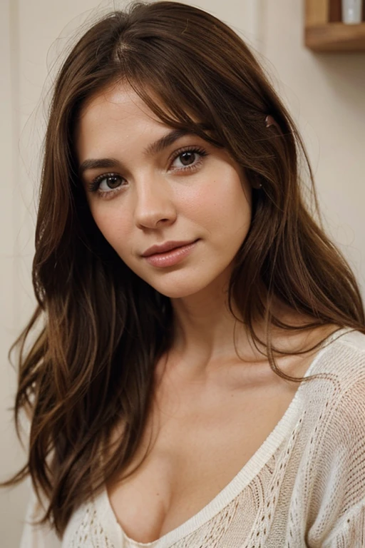 make a beautiful girl with light brown hair, una cara hermosa y que aparente 30 anos y pelo largo