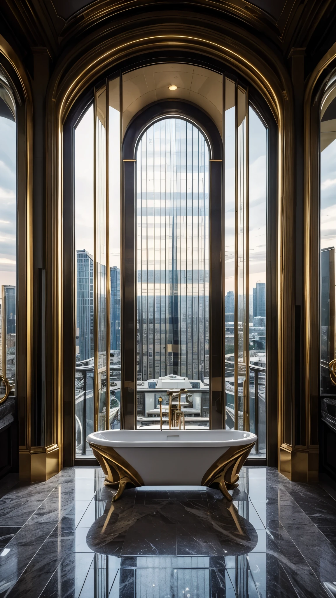 there is a bathtub in a large bathroom with a view of the city, a detailed matte painting by Jakob Gauermann, tumblr, art nouveau, koyaanisqatsi, youtube video screenshot, extremely opulent, penthouse, luxurious, opulence, opulent, masterpiece”, masterpiece ”, luxurious environment, youtube thumbnail, inside a grand, description, beautiful views