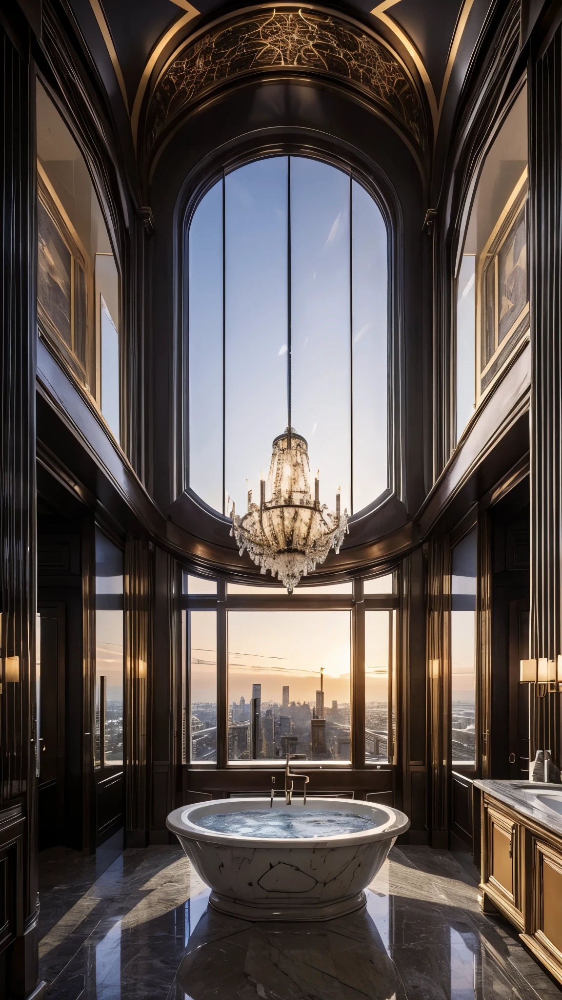 there is a bathtub in a large bathroom with a view of the city, a detailed matte painting by Jakob Gauermann, tumblr, art nouveau, koyaanisqatsi, youtube video screenshot, extremely opulent, penthouse, luxurious, opulence, opulent, masterpiece”, masterpiece ”, luxurious environment, youtube thumbnail, inside a grand, description, beautiful views