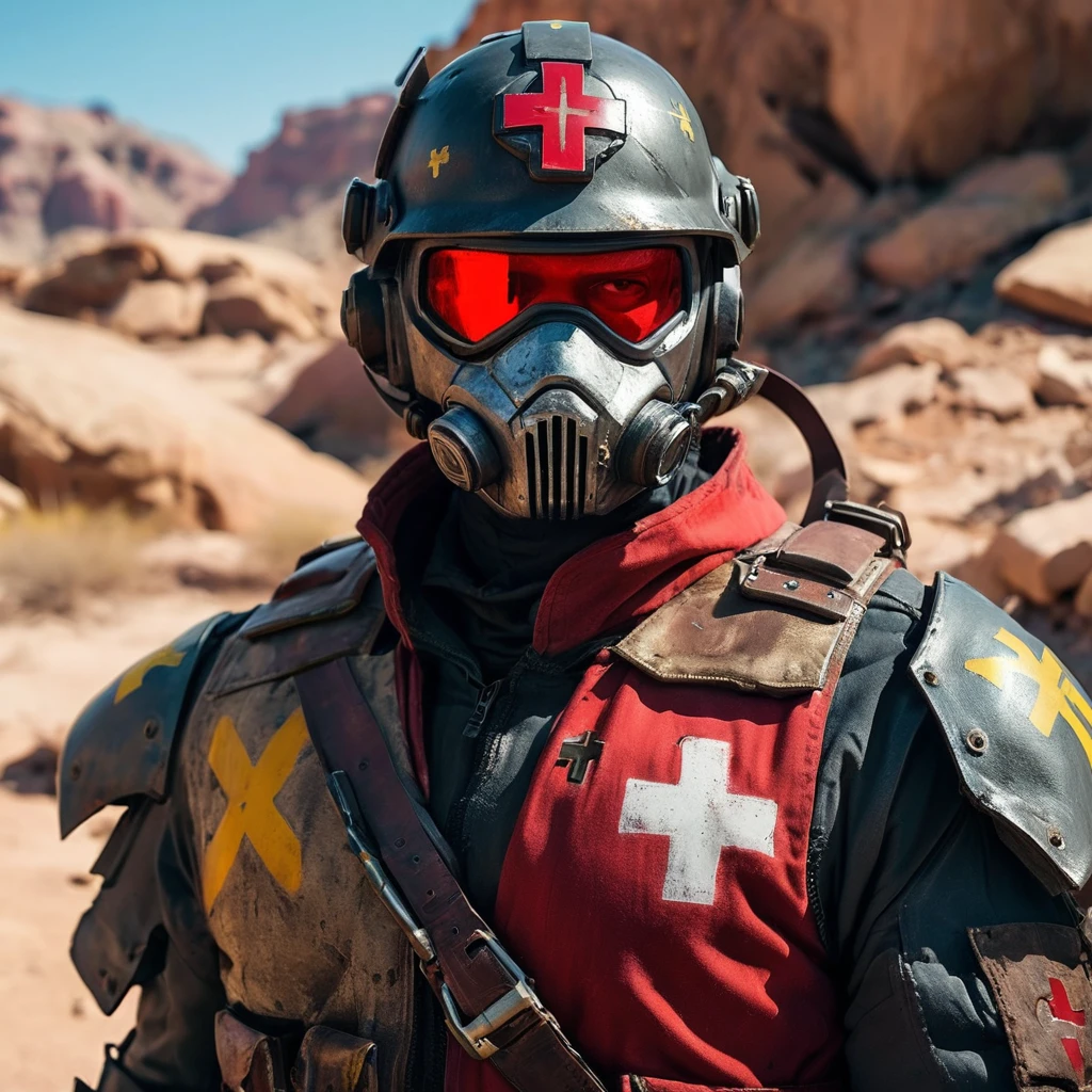 sci-fi black helmet, yellow helmet visor, dark red duster coat, grey tactical vest, shoulder red cross symbol, Male soldier, sci-fi soldier, post apocalyptic, combat medic, hidden face, maroon overcoat, standing among the mojave wasteland, fallout new vegas, upperbody, portrait view, upper body view