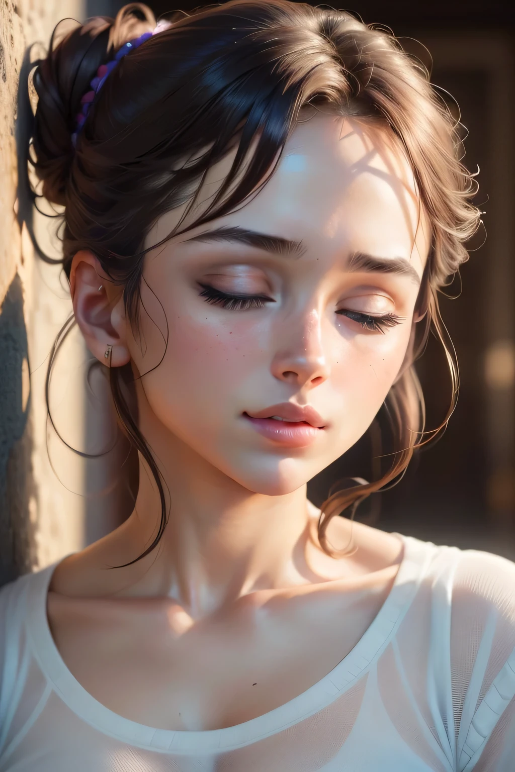 (best quality,4k,8k,highres,masterpiece:1.2),ultra-detailed,(realistic,photorealistic,photo-realistic:1.37),portraits,beautiful face,sexy woman,eyes closed,hair in a bun,beautiful detailed eyes,beautiful detailed lips,intense blush,anticipating a kiss,deep neck t shirt,pinned against the wall,soft lighting,vivid colors