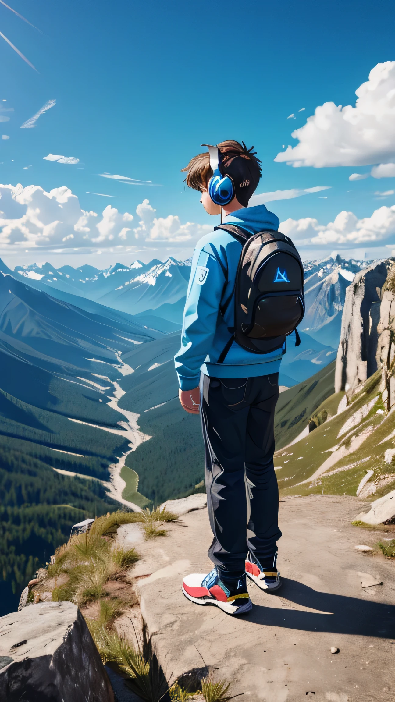 gamer boy wearing headphones standing on the edge of mountain looking at blue sky, wind blowing, back pose