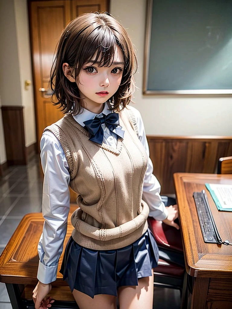 Masterpiece, Top Quality, Top Mikoto, brown eyes, short hair, small breasts, looking at viewer, alone, closed mouth, collared shirt, beige knit vest, dark blue Skirt, school_uniform, shirt, white_shirt, classroom,Masterpiece, highest quality, 8K, detailed skin texture, fine cloth texture, beautiful detailed face, intricate details, super detailed,cute,cute posing,composition that shows the whole body,