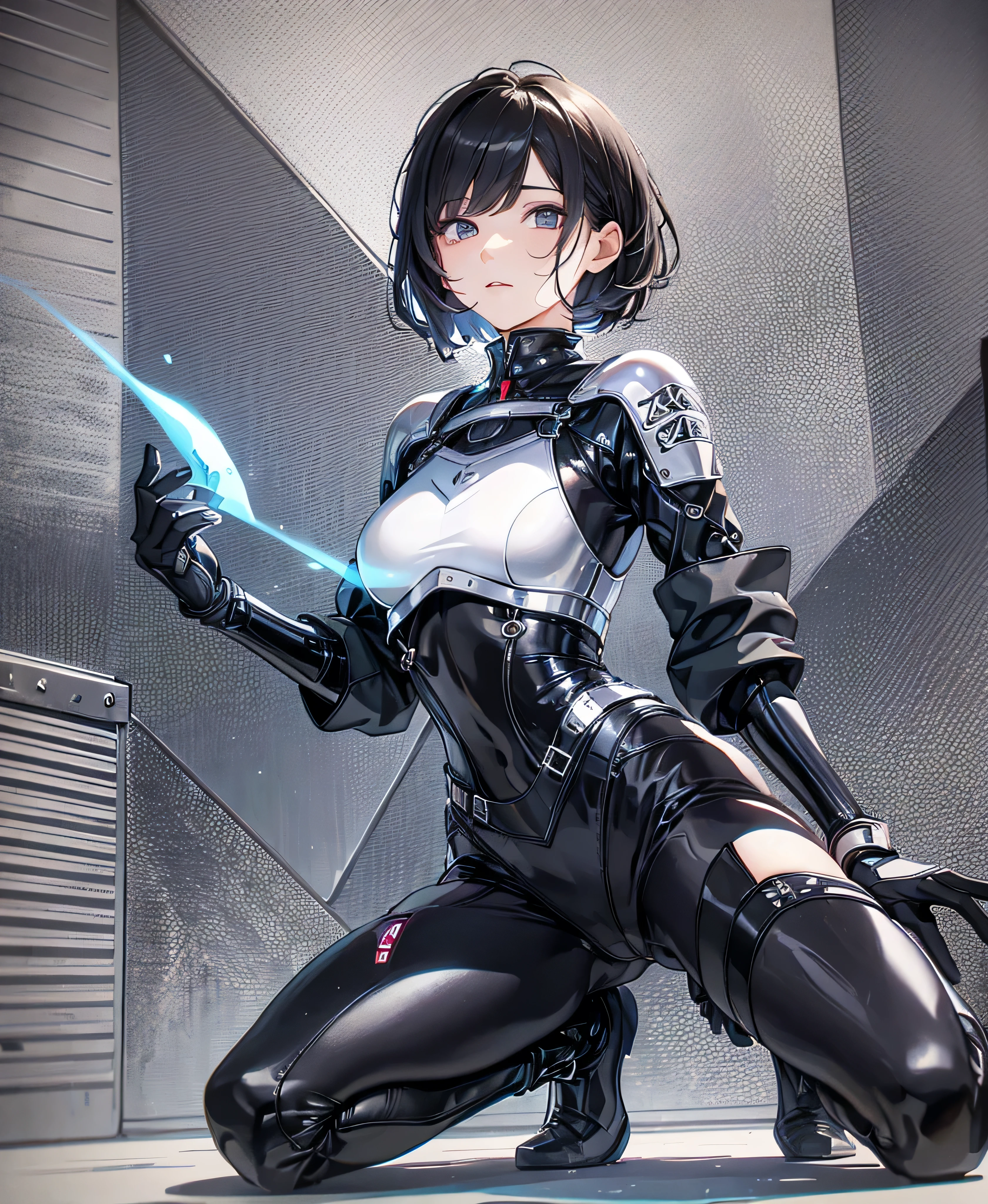 Best Quality，T Masterpiece，Ultimate resolution，１８Old female fighter，Slender、Very slim、Small face、cute、（Kneeling pose），Black Super Short Hair，Shiny patent leather tight black combat uniform，Tight Suit，gloves、Steel City Background，night