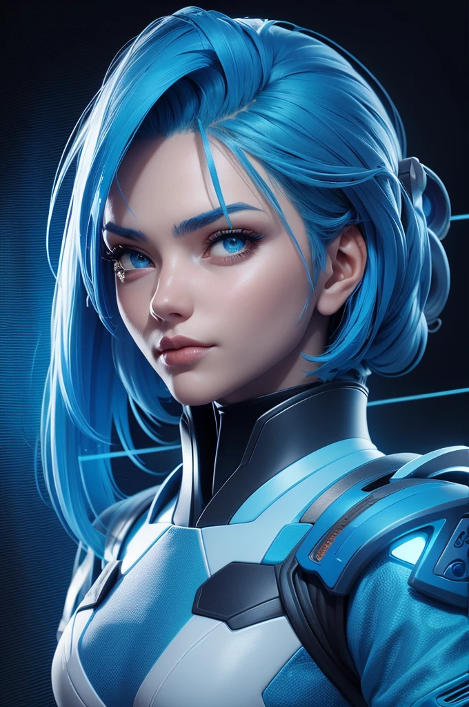 A woman with blue hair and a futuristic outfit [:Obra maestra:0.5], solo, 1 chica, azul hielo, pelo naranja, bollo trenzado, pelo absurdamente largo, CD Cover, retrato, fondo de pantalla, Science fiction
