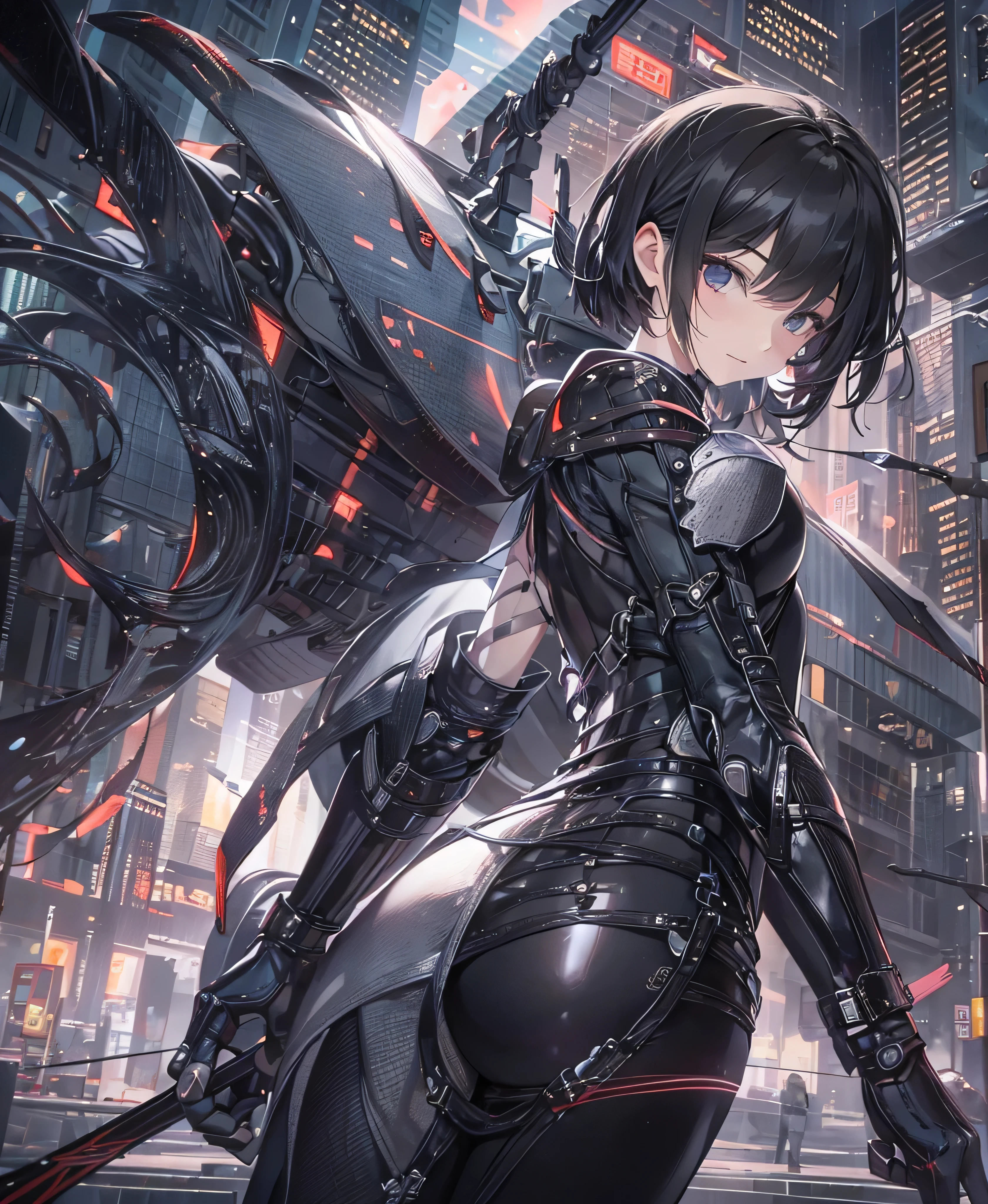 Best Quality，T Masterpiece，Ultimate resolution，１８Old female fighter，Slender、Very slim、Small face、cute、（Kneeling pose），Black Super Short Hair，Shiny patent leather tight black combat uniform，Tight Suit，gloves、Steel City Background，night