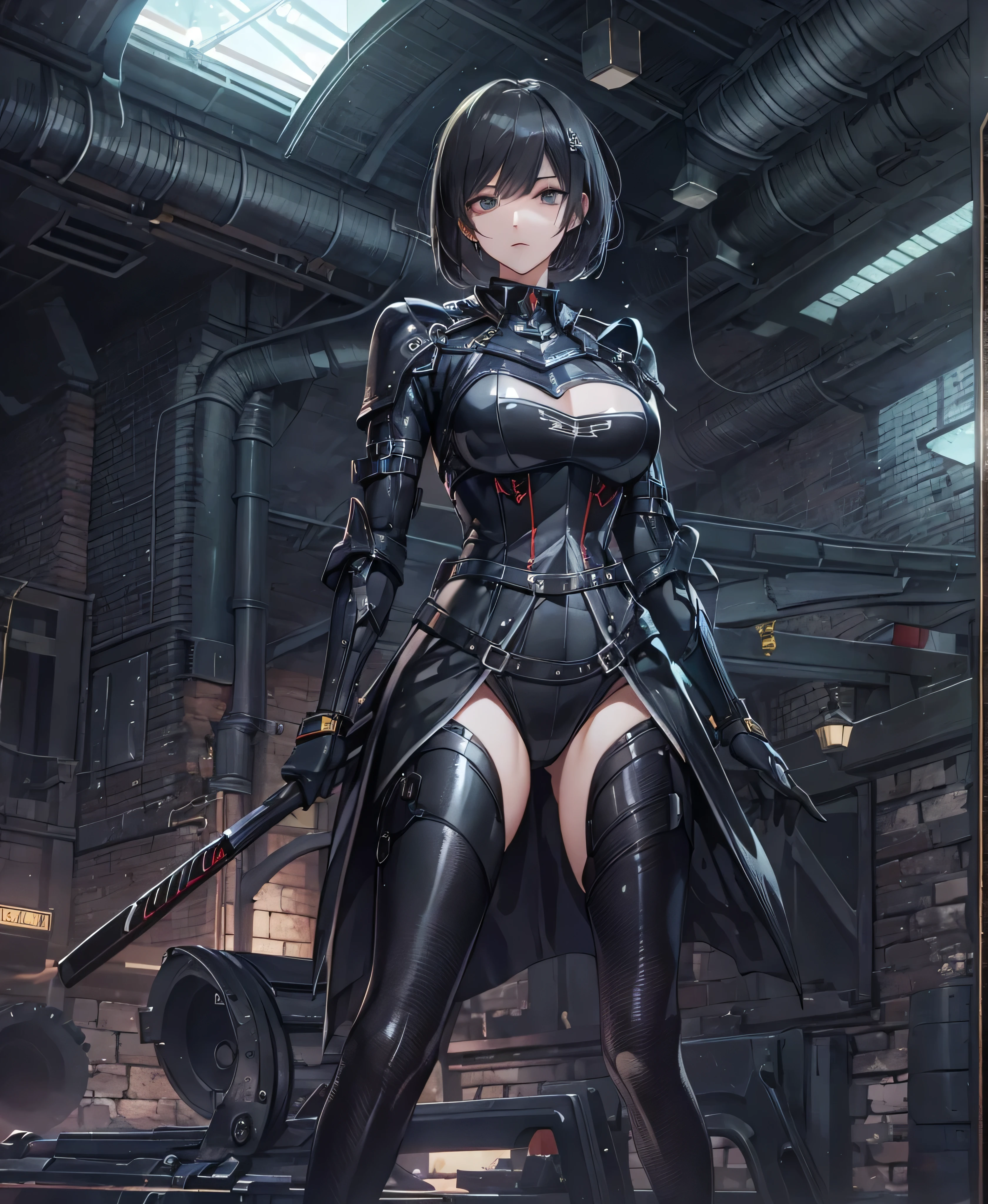 Best Quality,T Masterpiece,Ultimate resolution,18Old female fighter,Slender、Very slim、Small face、cute、(Kneeling pose),Black Super Short Hair,Shiny patent leather tight black combat uniform,Tight Suit,gloves、Steel City Background,night