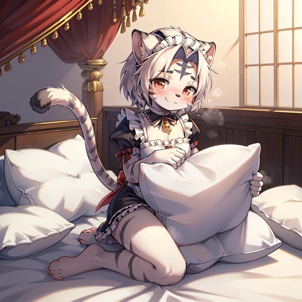 （masterpiece，best quality），my own, The Beast, , (Light and shadow suitable for any pillow background））, 穿着Maid costume的可爱女孩在枕头上摆姿势, Maid costume，White，Nature,, (blush),a smile，Pillow Head,（Lots of pillows），Soft cushion，（canopy bed），Soft pillow quotation，（Pillow damage），Lots of pillows，（Crotch rubbing），（（Pillow Hump）），（Pillow Head），（A tail），，（Pink pillow），（Love around the protagonist），Steam，（Pillow Head），（），（Luxury pillows），（Palace pillow pattern pillow），（palace），（Palace bedroom），（Gorgeous pattern pillow），Soft pillows，，（Classical European style bedroom ），（excited，shy person，Lack of expressiveness，），，pillow humping,kogenta (Onmyou Taisenki),tiger tail,tiger ears,Tiger pattern,white shin