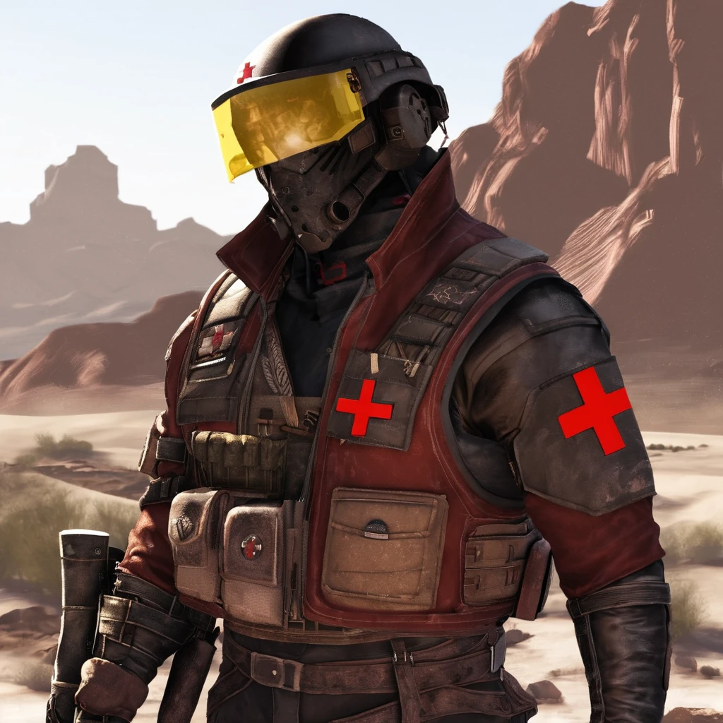 sci-fi black helmet, yellow helmet visor, dark red duster coat, grey tactical vest, black pants, combat boots, shoulder red cross symbol, Male soldier, sci-fi soldier, post apocalyptic, combat medic, hidden face, maroon overcoat, standing among the mojave wasteland, fallout new vegas, upperbody, portrait view, upper body view