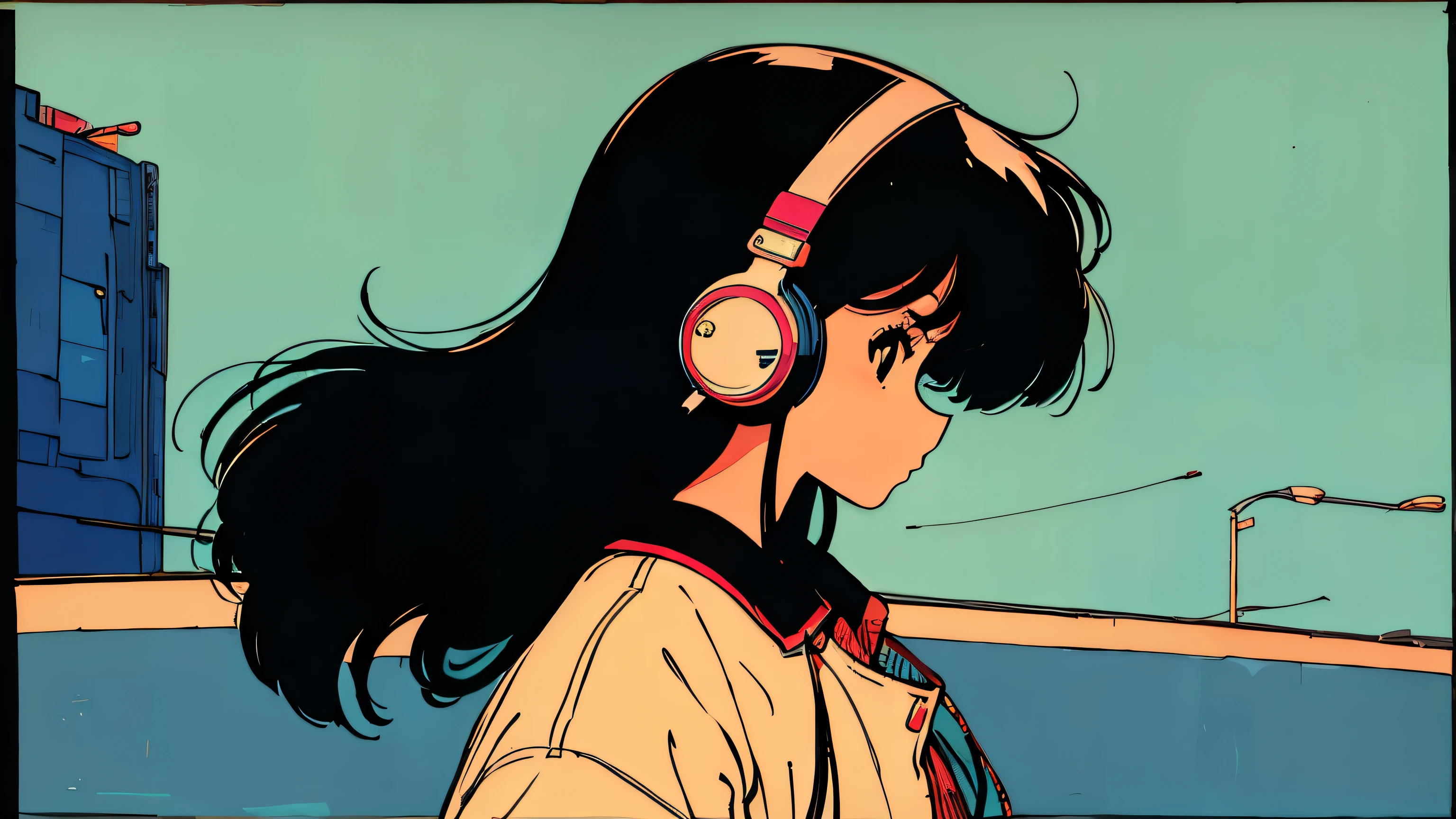 City pop style art, Black Hair, Straight Hair, Wearing headphones, Futuristic yet lo-fi, Retro, Vintage, Ghost,masterpiece, cool, ((Side Shot)), bustling street, neon , Melancholy