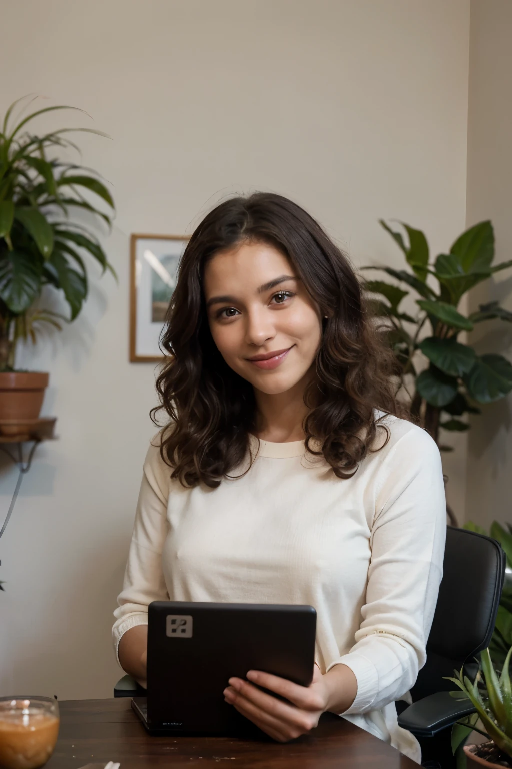 ((epic realistic)), ((best quality)), ((work of art)), (detailed), ((30 year old woman)), ((ebony skin)), ((born in Brazil, Amazonas, city Manaus)), ((she is a digital entrepreneur)), ((she has a sincere smile)), ((she is professional and should be in front of her laptop)), ((she has curly hair)), (( she wears light clothes)), ((she is at home in a home office)), ((the cozy environment with potted plants in the background)).