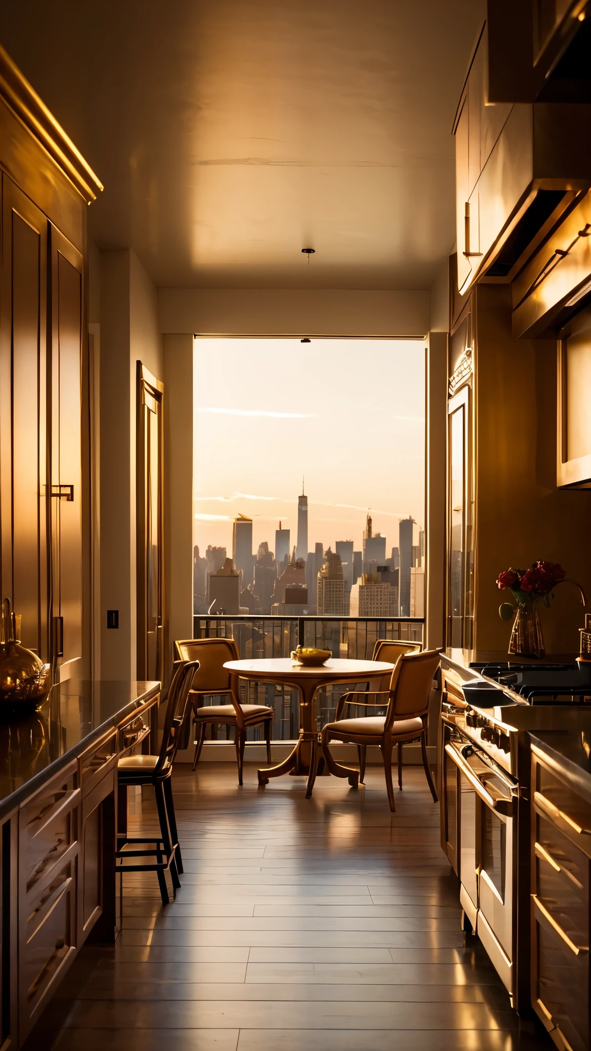 there is a large kitchen with a table and chairs in it, luxurious environment, rich vivid colors, penthouse, beautiful ambiance, golden hour in manhattan, at the golden hour, vivid rich colors, at dusk at golden hour, shining golden hour, extremely opulent, golden hour scene, by Stephen Greene, inspired by Mike Winkelmann, rich vivid color