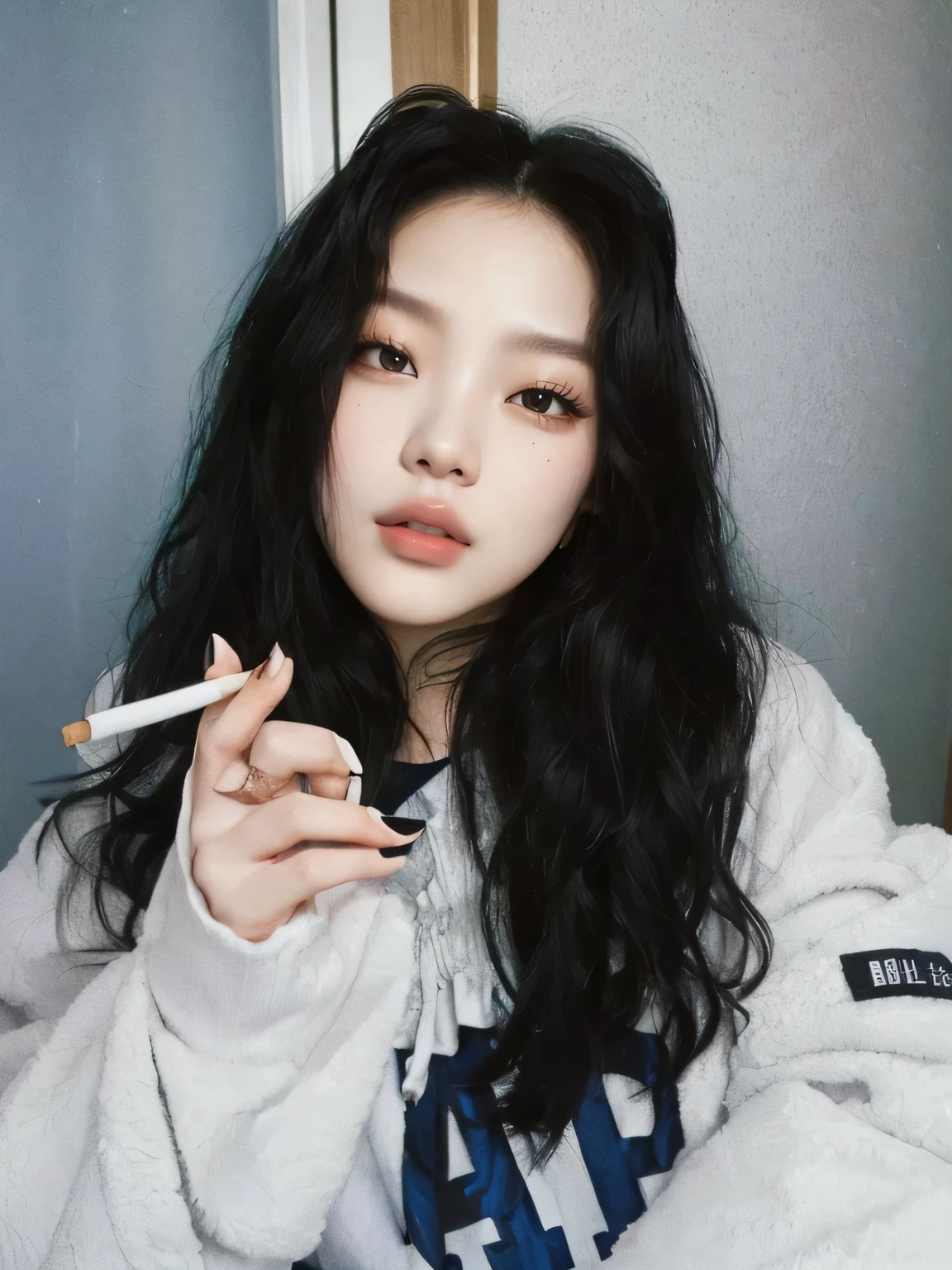 hay una mujer con el pelo largo y negro sosteniendo un cigarrillo, ulzzang, muchacha coreana, maquillaje popular de corea del sur, sui ishida con cabello negro, a young asian woman, chica lofi aesthetic, chiho, ☁🌪🌙👩🏾, chica lofi, mujer coreana, Maquillaje coreano popular, cruel korean gothic girl, ilya kuvshinov con pelo largo