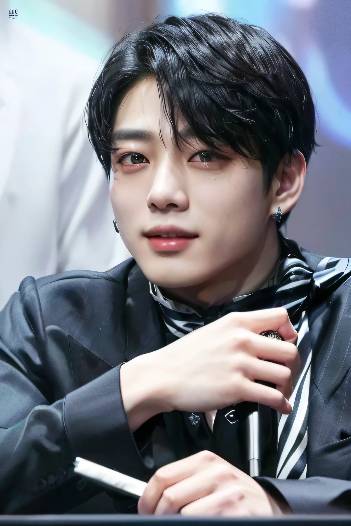 Arafed Asian man in black jacket and tie sitting at a table, jungkook, cai xukun, Jimin\his right eyelid is swollen, kim taejin, taken in the early 2020s, hyung tae, Jimin\los labios carnosos, pale korean adorable face, Shin Jeongho, Jung Jaehyun, Jimin, ironic smile