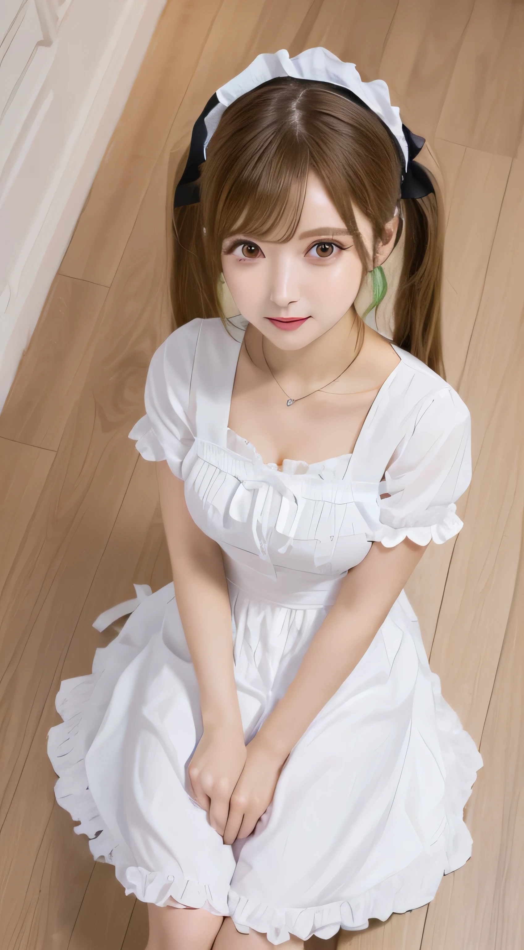 Tabletop, highest quality, shape, Very detailed, In detail, High resolution, 8k wallpaper, Perfect dynamic composition, ((close:1.3, From above, View your viewers)), Beautiful details , (Wearing a cotton maid outfit, , Cute Ruffle Girl Dress, Maid's headband, Base color is white、black、green),Twin tails