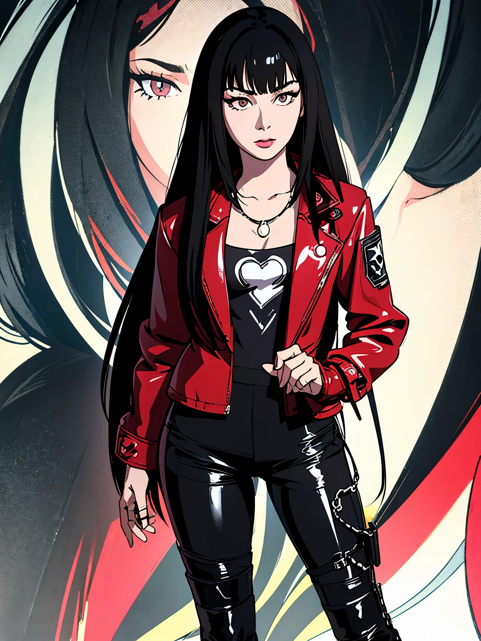 digital art drawing, illustration of (Girl, long black and white hair with bangs, brown eyes, flat chest, silver chain necklaces, confident look, red jacket, black latex pants, long black boots, neon details, cyberpunk 2077), anime drawing/art, bold linework, illustration, digital art, masterpiece, flat illustration, no shadows, 8k resolution, high detail, vector art, only anime, perfect eyes, perfect hands, perfect fingers, sharpness, high clarity, medium close up, high fidelity
