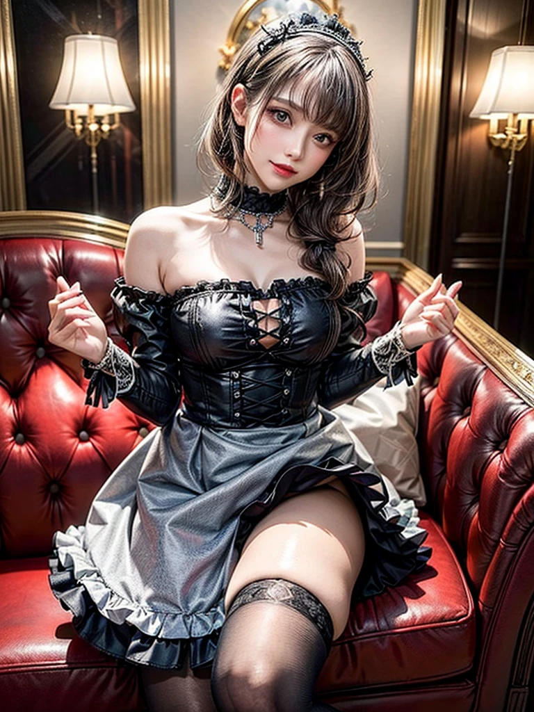 (8K, Photorealistic, Raw photo, of the highest quality: 1.3), (1girl in), Super beautiful, (Realistic face), (boyish, Silver Color Berry Shorthair), Beautiful , Glare that captivates the viewer, Beautiful expression, Beautiful breasts, (Realistic skin), Be...Super high quality, super high definition, super detailed, masterpiece, 20years old, female, cute, perfect face, beautiful, nice body, gothic lolita clothes, gothic lolita fashion, frilly skirt, headdress, necklace, bracelet, knee-high socks, boots, double eyelids, tear bags, Detailed down to the fingers, photo-like description, indoors, dim indoor lighting, black hair, pony tail, standing, whole body, composition that shows the whole body, smiling