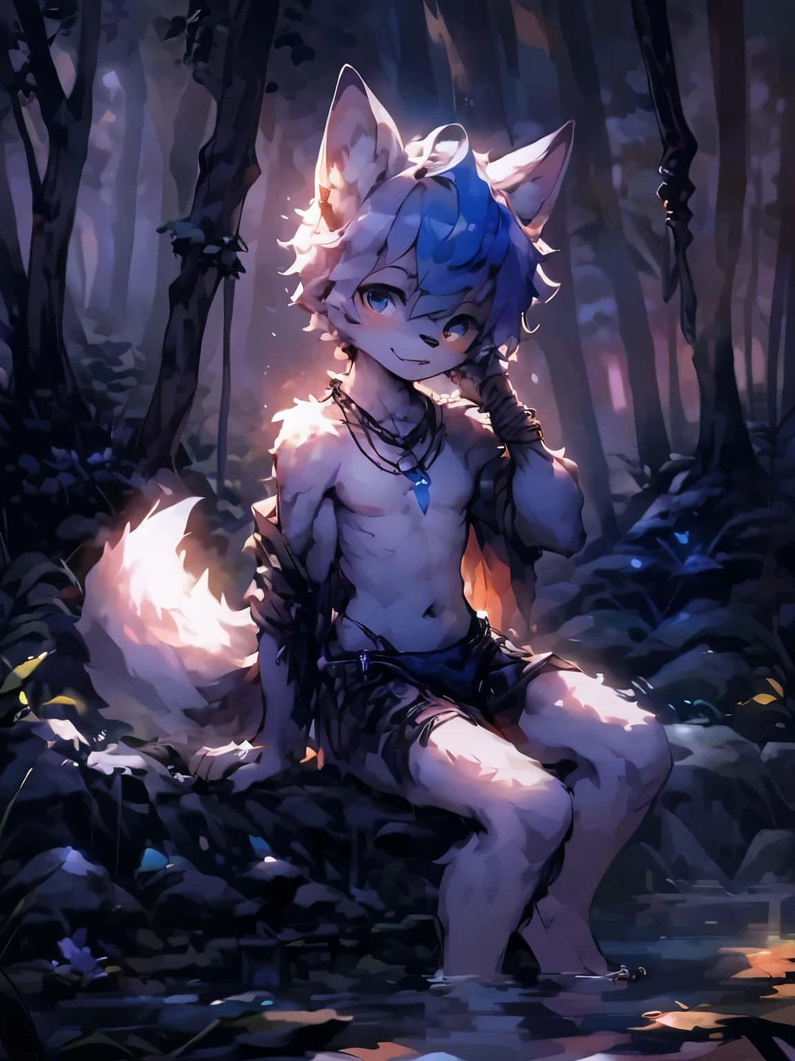 (dark environment:0.8),masterpiece, high quality, absurd res, digital painting (artwork), (anthro,fluffy fur,character focus:1.1),anthro male fox,short hair,portrait, bright eyes,panorama,character focus.(detailed background:0.7), shirtless blue fox, sitting on the root, kemono, anthro fox, charming, , blue fur, having tooth necklace, soft body, nudity, leather short pants, male, forest, cute, no muscle