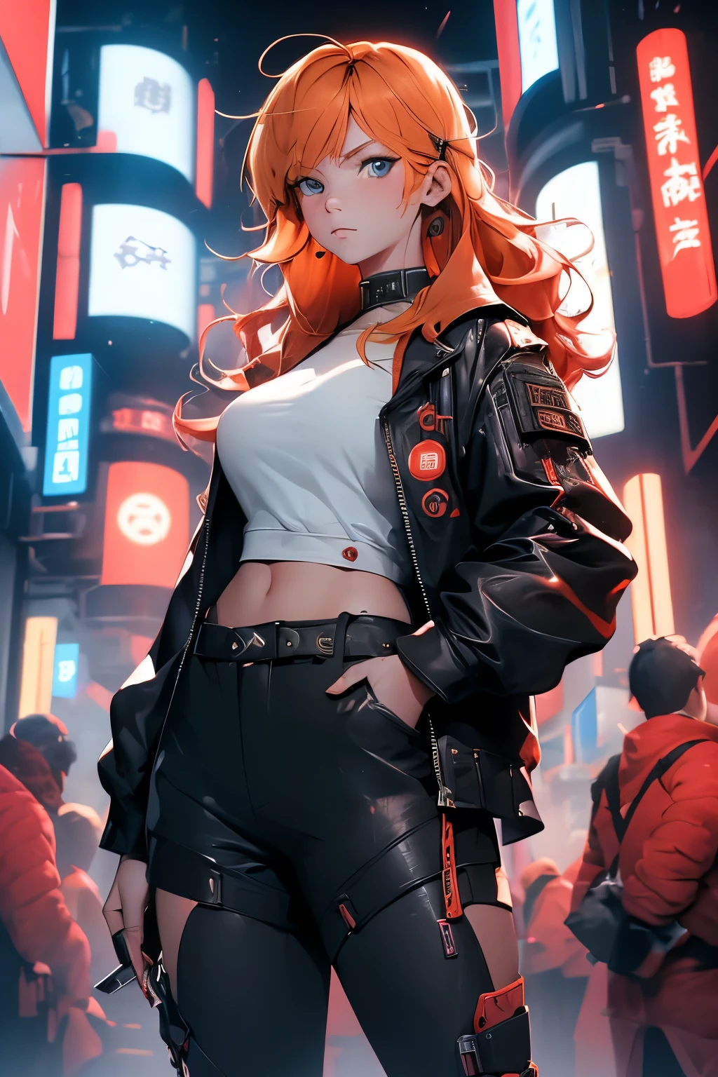 A (((girl with blonde and red hair))), gazing directly at the viewer, blue eyes, and a Cyberpunk-inspired ensemble consisting of cropped, high-tech long pants and a sleek, black jacket