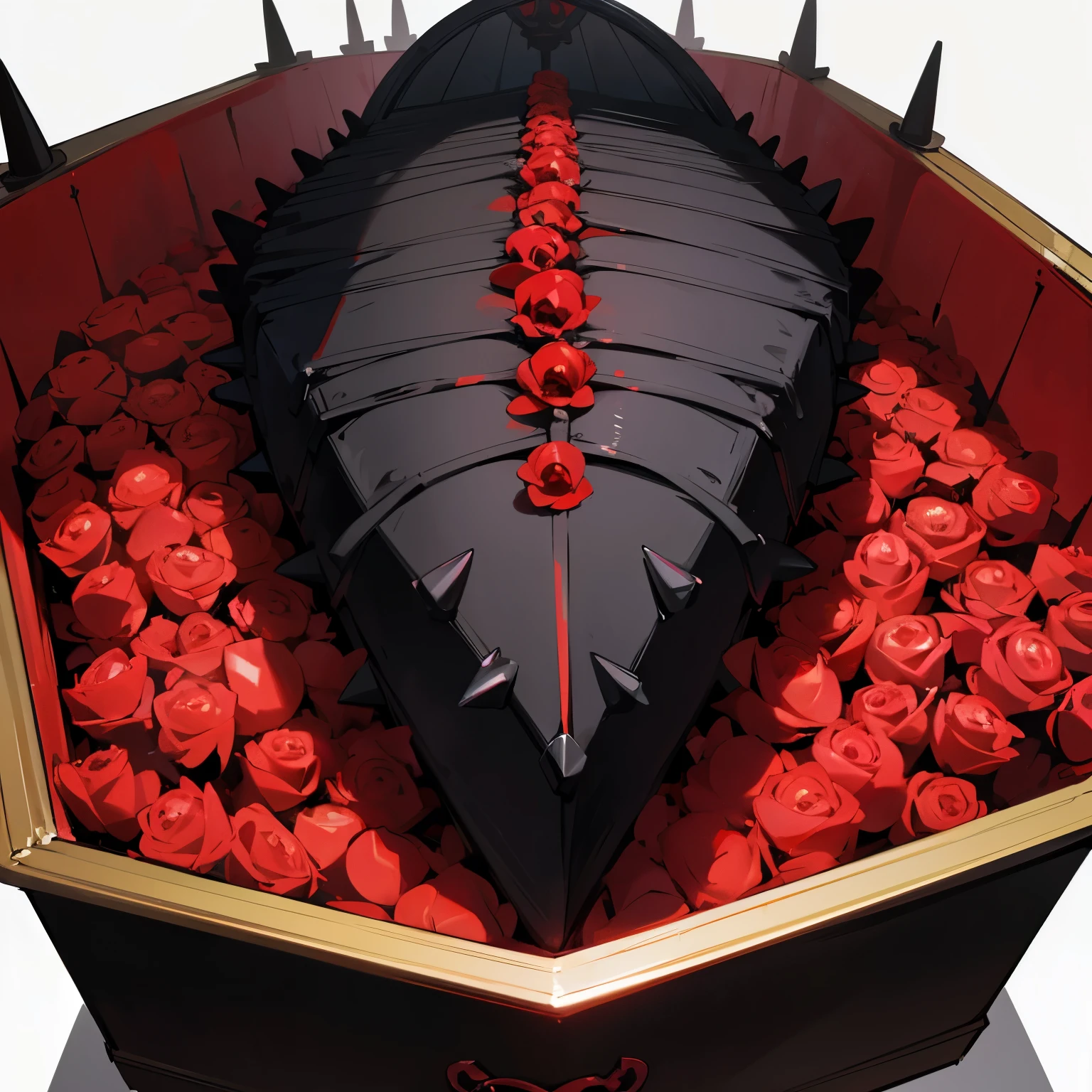 Large black and red coffin with a heavy chain handle. Spikes and red skull ((detailed))