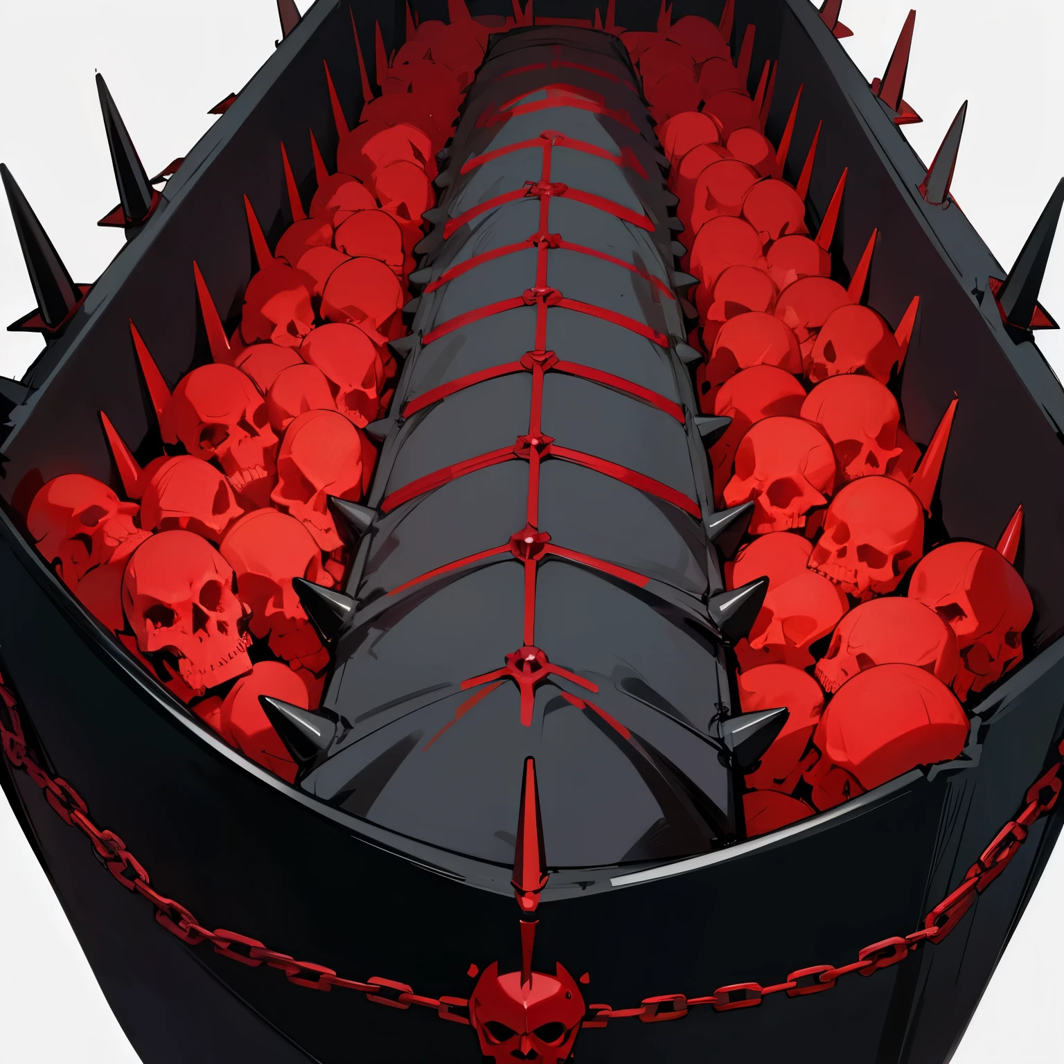Large black and red coffin with a heavy chain handle. Spikes and red skull ((detailed))