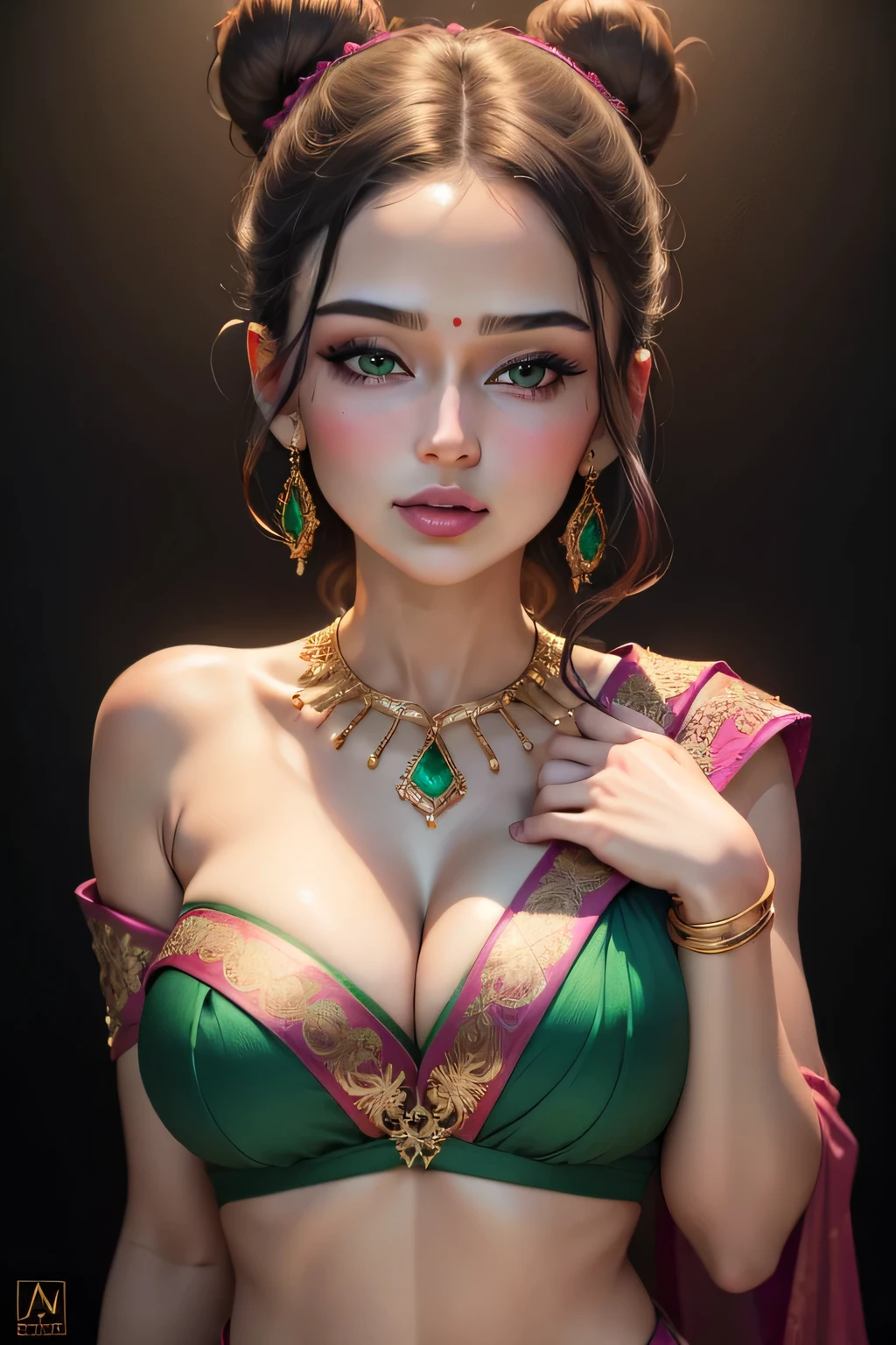 (best quality,4k,highres),portrait of a sexy woman with a beautiful face, hair in an elegant bun, intense seductive gaze, pale skin turning pink with blush, beautiful pink lips, adorned with emerald jewellery, wearing a dark green saree, seductively posing with hand on hip