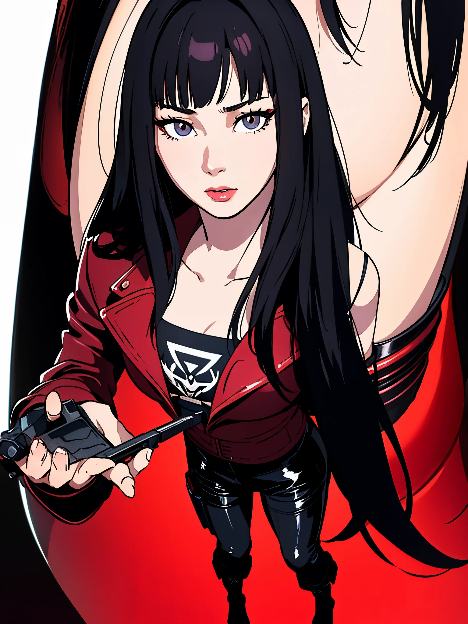 digital art drawing, illustration of (Girl, long black hair with bangs, brown eyes, flat chest, confident look, red jacket, black latex pants, long black boots, cyberpunk 2077), anime drawing/art, bold linework, illustration, digital art, masterpiece, flat illustration, no shadows, 8k resolution, high detail, vector art, only anime, perfect eyes, perfect hands, perfect fingers, sharpness, high clarity, medium close up, high fidelity
