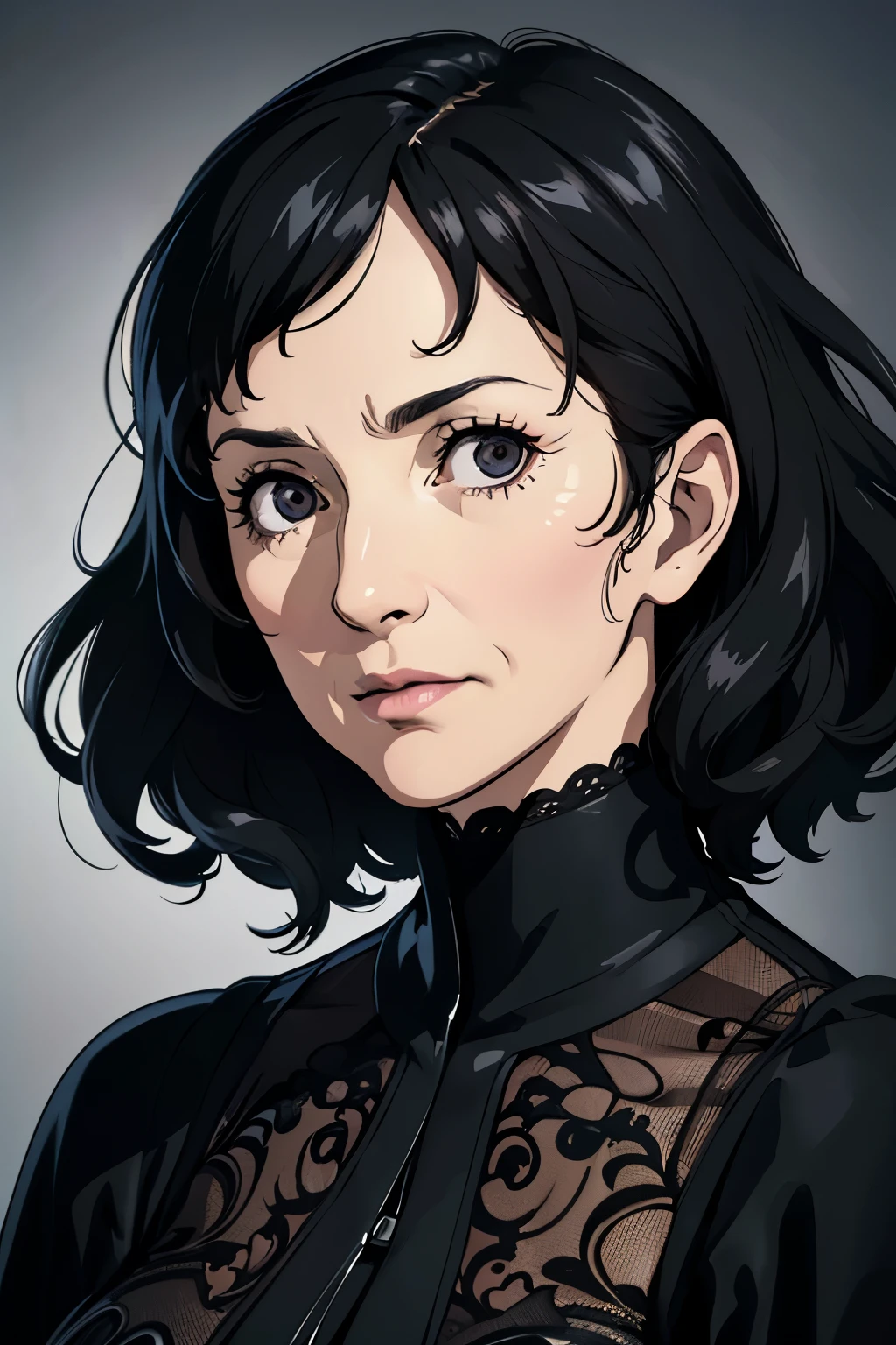 A serious adult old woman with black curly hair, (best quality,4k,8k,highres,masterpiece:1.2), ultra-detailed, (realistic,photorealistic:1.37), chiaroscuro lighting, vibrant colors, with a reflective look in her eyes, curly hair, cold expression, old woman