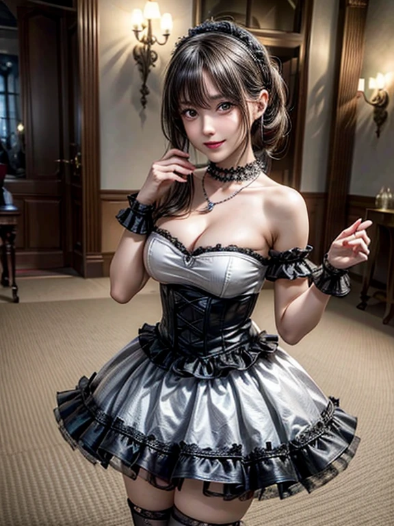 (8K, Photorealistic, Raw photo, of the highest quality: 1.3), (1girl in), Super beautiful, (Realistic face), (boyish, Silver Color Berry Shorthair), Beautiful , Glare that captivates the viewer, Beautiful expression, Beautiful breasts, (Realistic skin), Be...Super high quality, super high definition, super detailed, masterpiece, 20years old, female, cute, perfect face, beautiful, nice body, gothic lolita clothes, gothic lolita fashion, frilly skirt, headdress, necklace, bracelet, knee-high socks, boots, double eyelids, tear bags, Detailed down to the fingers, photo-like description, indoors, dim indoor lighting, black hair, pony tail, standing, whole body, composition that shows the whole body, smiling