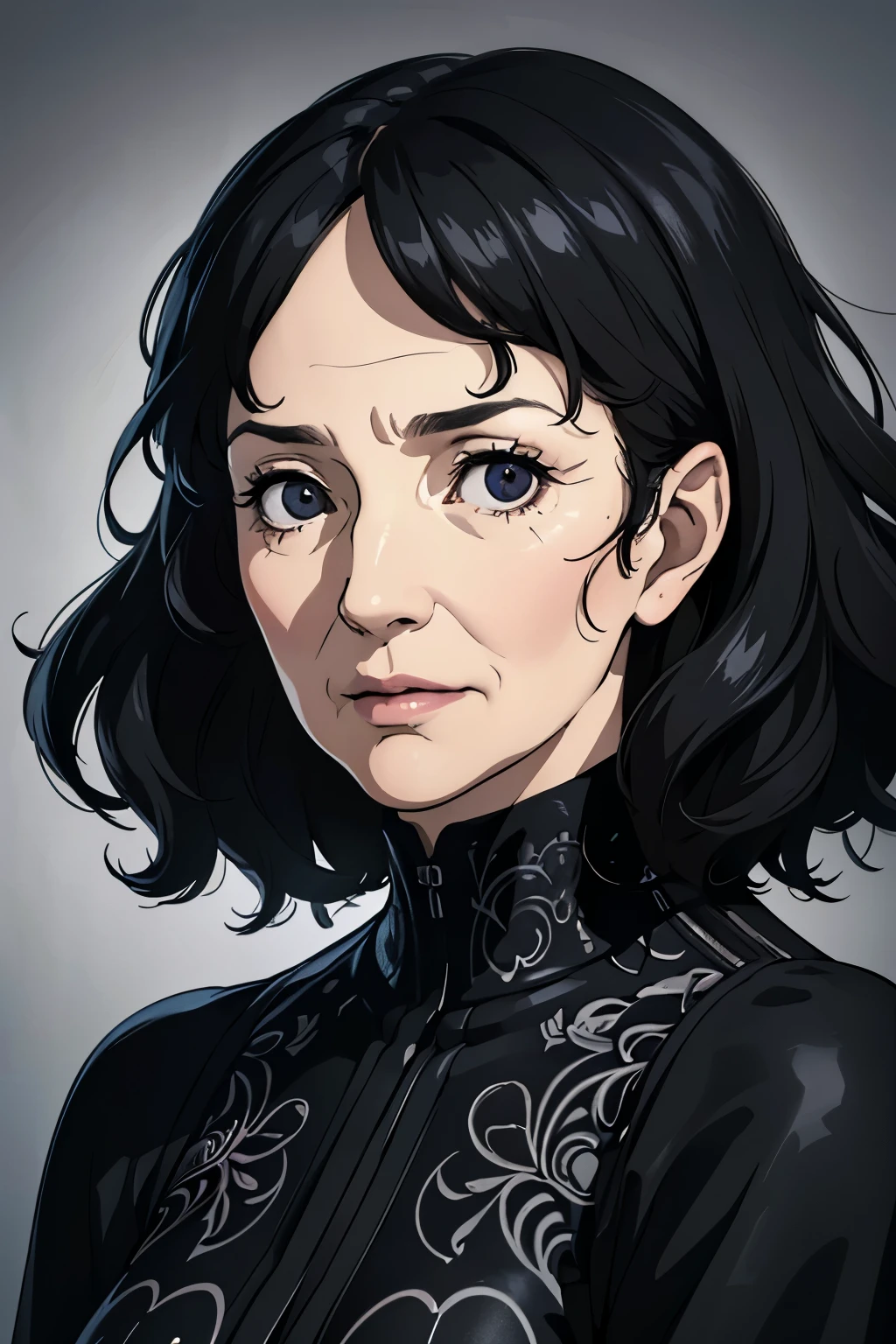 A serious adult old woman with black curly hair, (best quality,4k,8k,highres,masterpiece:1.2), ultra-detailed, (realistic,photorealistic:1.37), chiaroscuro lighting, vibrant colors, with a reflective look in her eyes, curly hair, cold expression, old woman