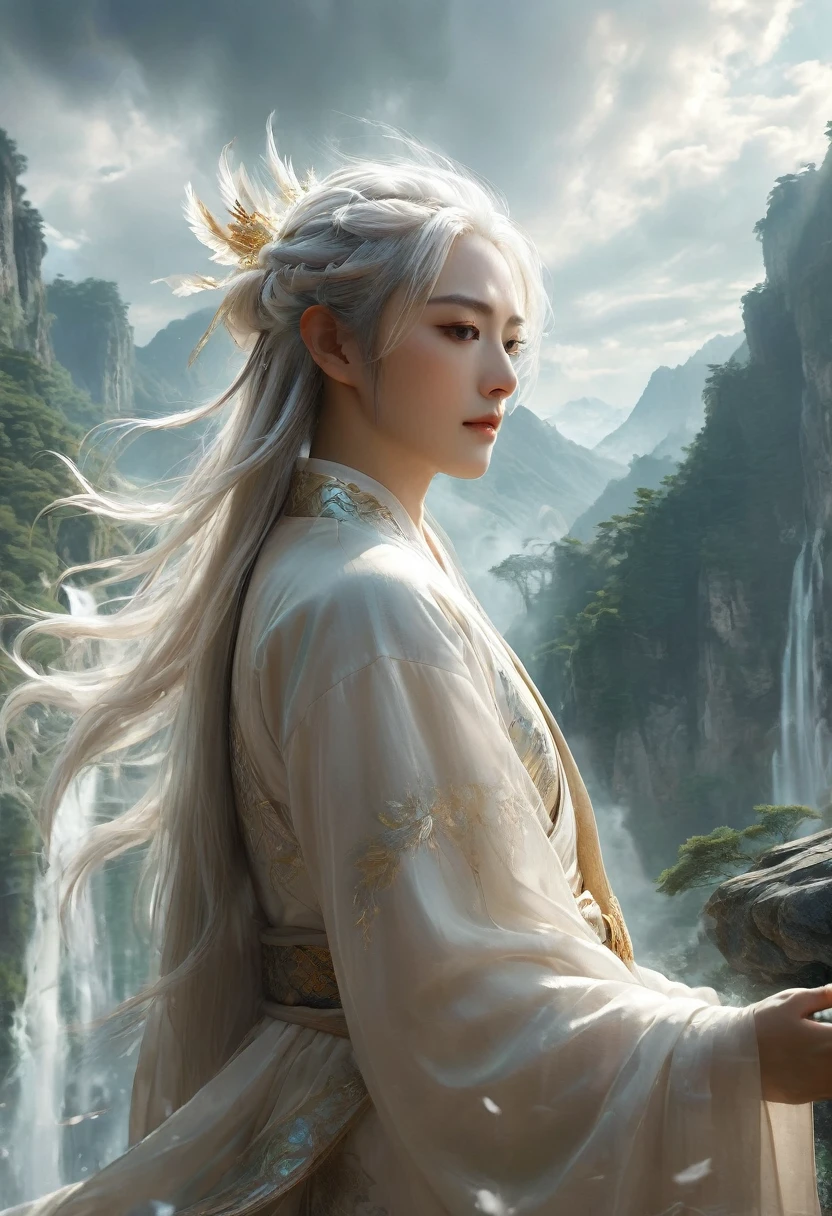 solo,(elder:1.2),(eyes_closed:1.2),kindly,mountain deity,freehand landscape painting,a male image,peak,waterfall,waterfall,gods,immortal,giant gods and mountains merge into one,white hair,white beard,white eyebrows,wrinkle,, masterpiece,best quality,highly detailed,Amazing,finely detail,extremely detailed CG unity 8k wallpaper,score:>=60,, beautiful detailed eyes,Fine hair texture,, incredibly absurdres,wallpaper,realistic,real,photo,landscape,foreshortening,xianxia