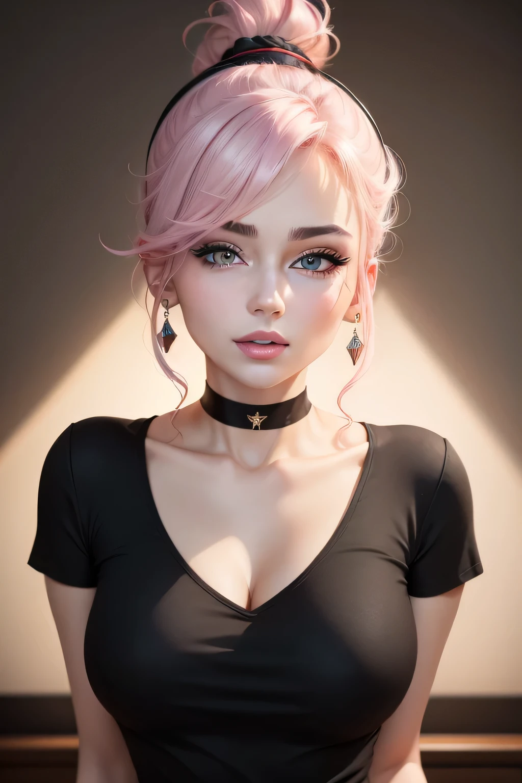 (best quality,4k,8k,highres,masterpiece:1.2), ultra-detailed, realistic:1.37, beautiful detailed eyes, beautiful detailed lips, extremely detailed eyes and face, long eyelashes, seductive gaze, pale skin turning pink, smile on her lips, messy bun hair tied in a black hairband, sexy woman with an alluring look, wearing alluring earrings, black v-neck t-shirt emphasizing her neck, captivating demeanor, enchanting expression, tempting charm, captivating beauty, elegance, seductive pose, beguiling presence.