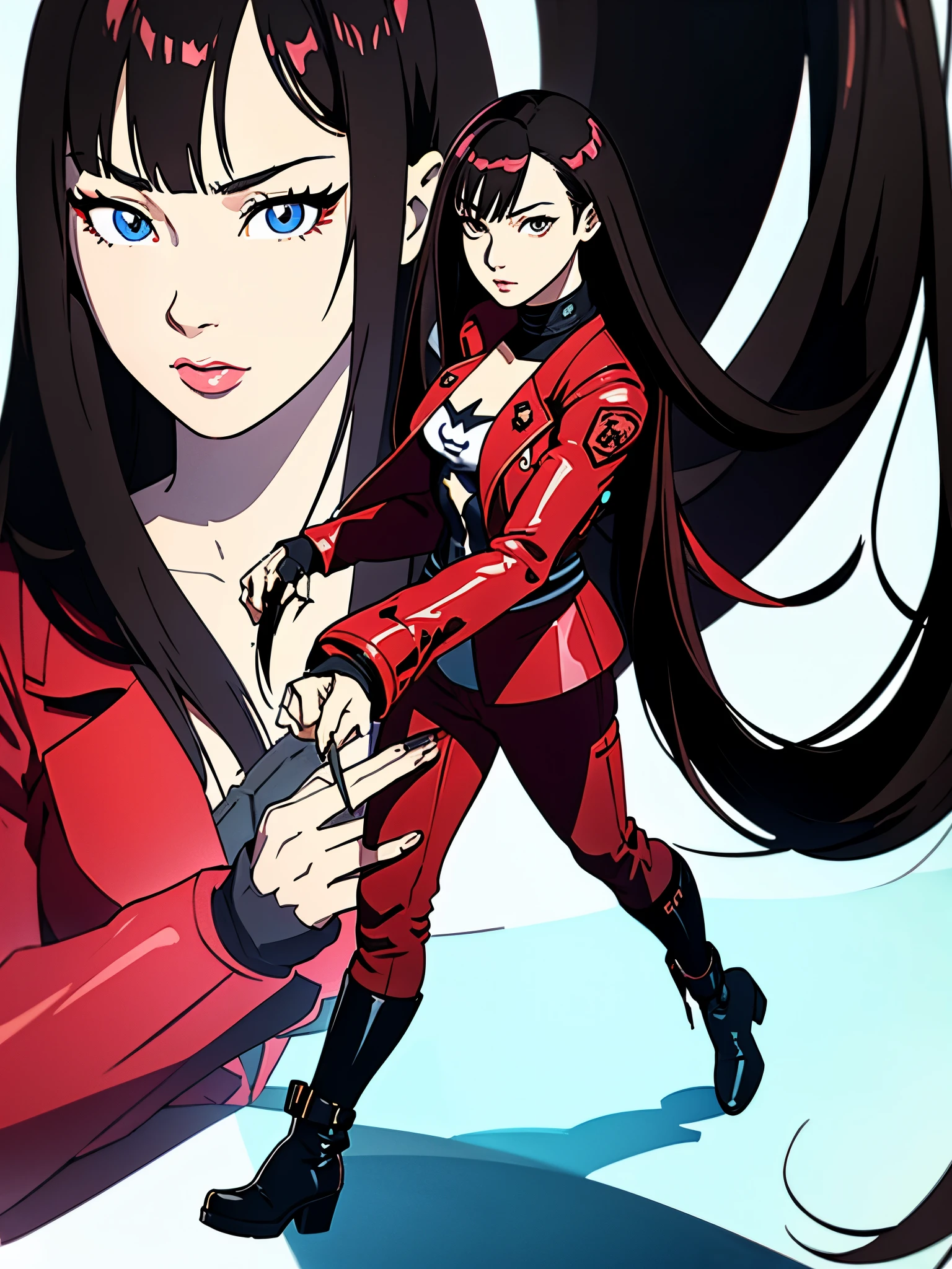 digital art drawing, illustration of (anime girl, long black hair with bangs, brown eyes, flat chest, confident look, red jacket, black latex pants, long black boots, cyberpunk 2077), anime drawing/art, bold linework, illustration, digital art, masterpiece, flat illustration, no shadows, 8k resolution, high detail, vector art, only anime, perfect eyes, perfect hands, perfect fingers, sharpness, high clarity, medium close up, high fidelity