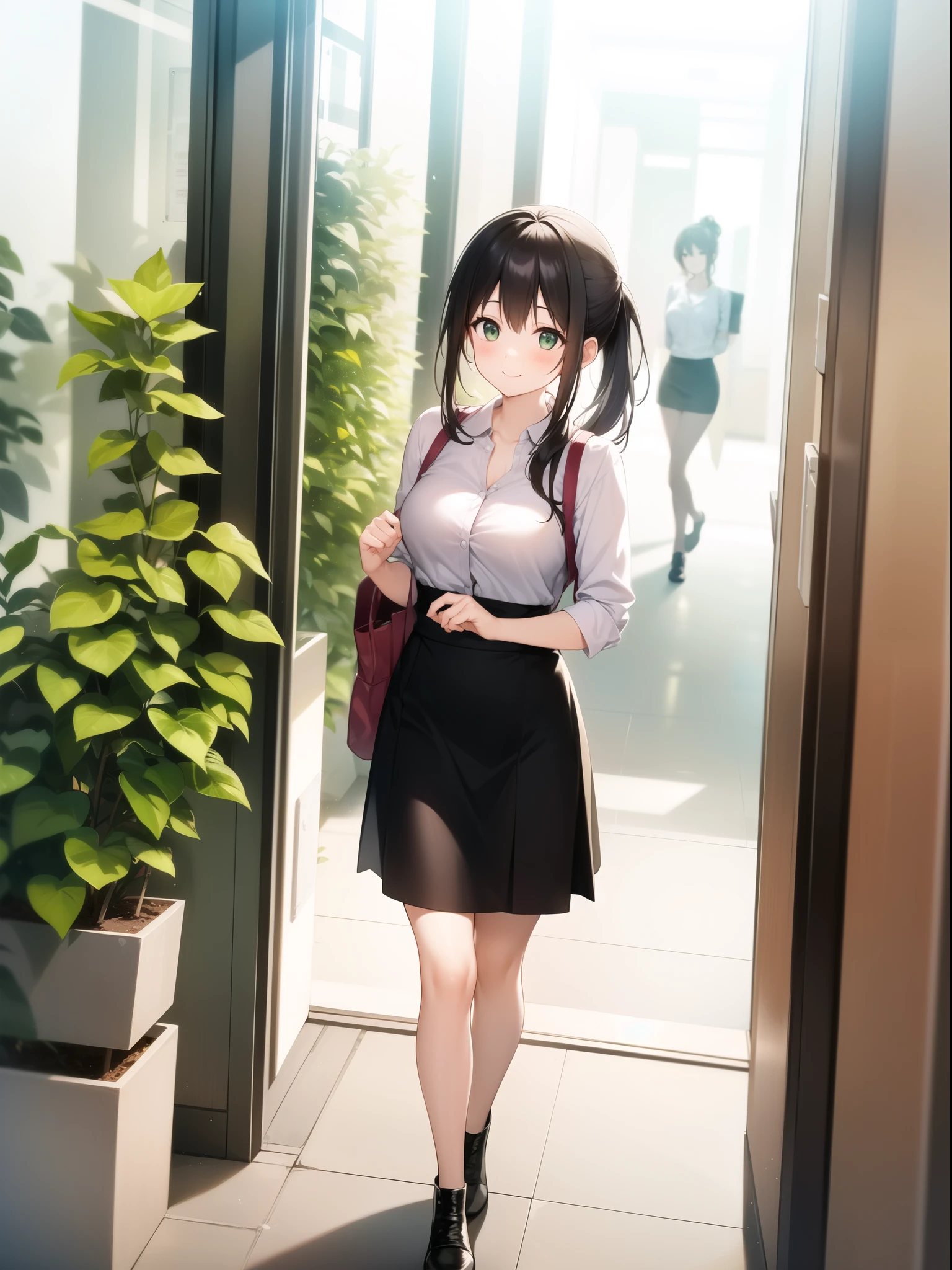 A young woman is walking in front of an office building on a sunny day。Wearing a white blouse and a black skirt、She is carrying a beige tote bag over her shoulder.。Her hair is tied up in a ponytail,、Smiling。There are green plants in the background、Light shines through the glass wall。