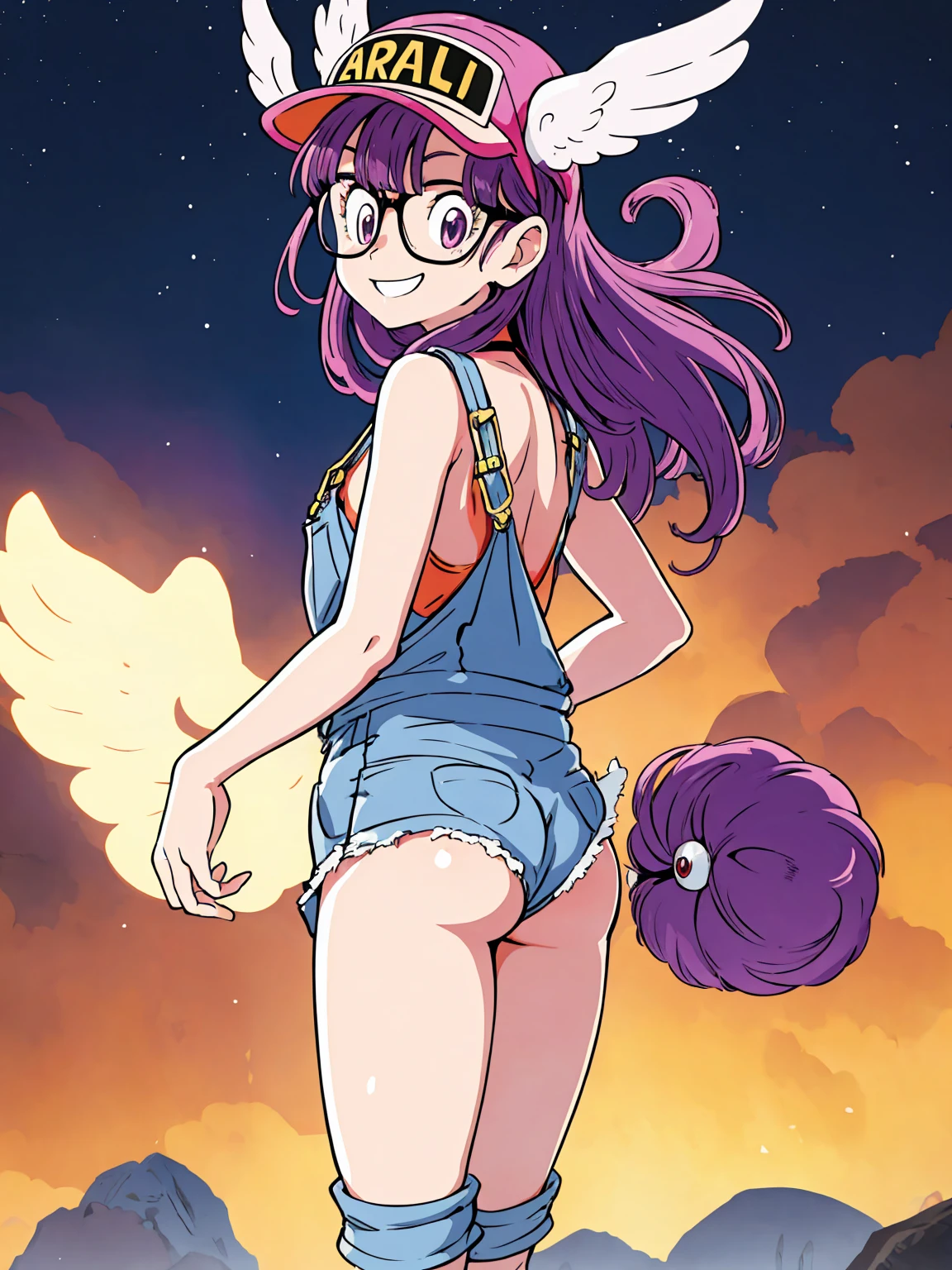 1 girl, solo,Norimaki Arale, Purple Hair, Round Lens, Sexy Body, low length，Very flat chest，Small Ass，Thin thighs，Full body image, Perfect Face, Big eyes, Perfect Eyes, Have, Tight clothing, Denim overalls，Perfect hands, Better lighting，Wing Hat, Wing Cover, With a smile, back view, ass