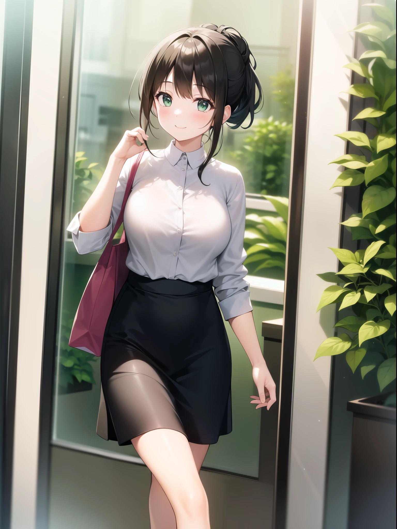 A young woman is walking in front of an office building on a sunny day。Wearing a white blouse and a black skirt、She is carrying a beige tote bag over her shoulder.。Her hair is tied up in a ponytail,、Smiling。There are green plants in the background、Light shines through the glass wall。
