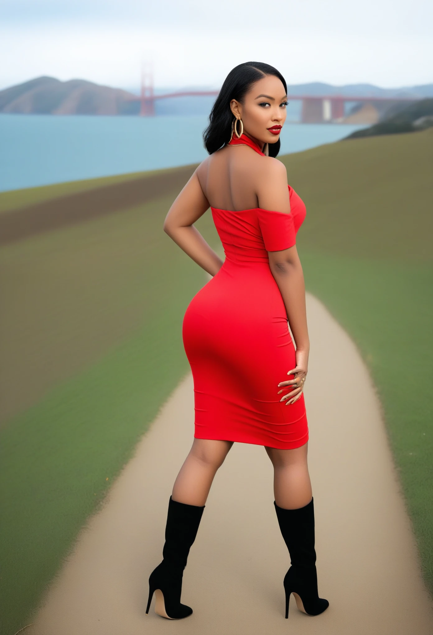 **City:** San Francisco

**Model:** 
- **Ethnicity:** African American
- **Attire:** The model is wearing a stylish, form-fitting red dress that highlights her curves, paired with high-heeled black boots. She accessorizes with gold hoop earrings and a matching bracelet.

**Pose:** The model is walking along the scenic path of Crissy Field with the Golden Gate Bridge in the background. She’s looking back at the camera over her shoulder, giving a confident and alluring gaze.

**Description:** The model’s large buttocks are accentuated by the dress, creating a striking and confident silhouette against the iconic San Francisco landscape. The wind gently plays with her hair, adding a dynamic element to the scene.