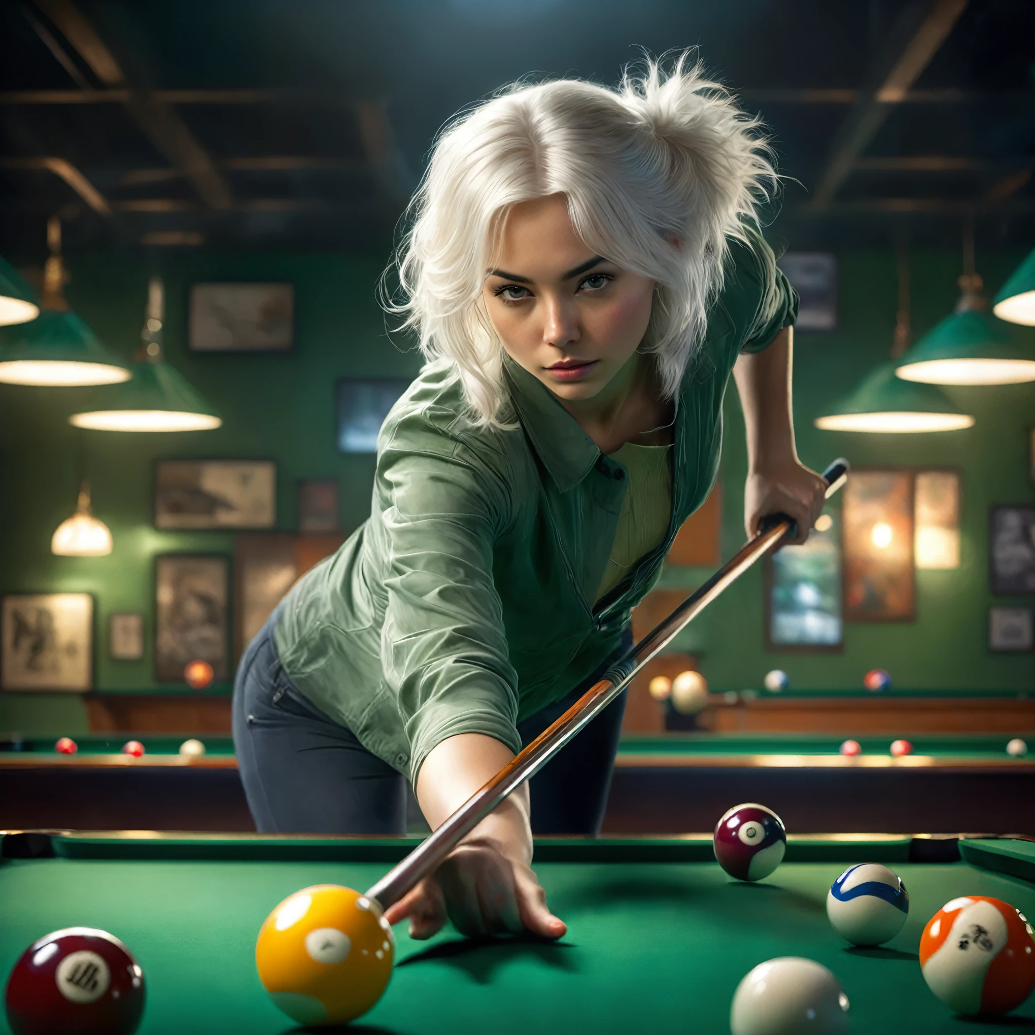Create a highly detailed and photorealistic image of a young woman who is 1.75 meters tall, weighs 80 kilograms. She has unusually white hair with grey streakes styled in a more controlled, longer, shoulder-length, wavy cut. She is leaning intently over a green pool table in a modernly styled, dimly lit billiards hall, aiming her shot. She wears casual, modern clothing, specifically tight-fitting jeans and a fashionable t-shirt. The setting includes modern overhead lighting and a background filled with other players observing the game.