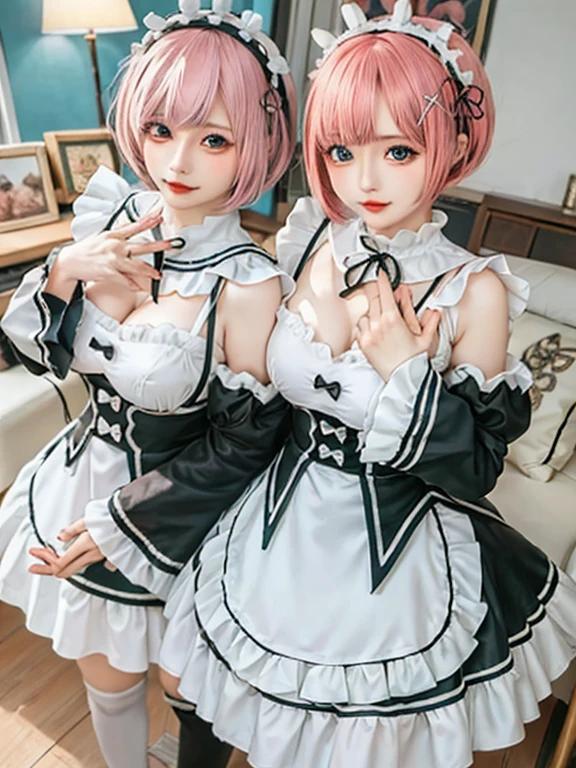 Accurate depiction with high resolution,(8K, Photorealistic, Raw photo, of the highest quality: 1.3), (1girl in), Super beautiful, (Realistic face), (boyish, pink Color Berry Shorthair), Beautiful , Glare that captivates the viewer, Beautiful expression, Beautiful breasts, (Realistic skin), Be...Create a detailed and colorful image of Ram and Rem from Re:Zero, standing back-to-back in their maid outfits, with a magical fantasy background、14years old, two girls,cute, perfect face, beautiful, nice body, gothic ta clothes, gothic loliashion, frilly skirt, headdress, necklace, bracelet, knee-high socks, boots, double eyelids, tear bags, Detailed down to the fingers, photo-like description, indoors, dim indoor lighting, one girl is pink hair and short bob, another girl is light blue hair and short bob,standing,whole body, composition that shows the whole body, smiling,The Both of them are wearing the same type of maid outfit,Optimal ratio of 4 fingers and 1 thumb
