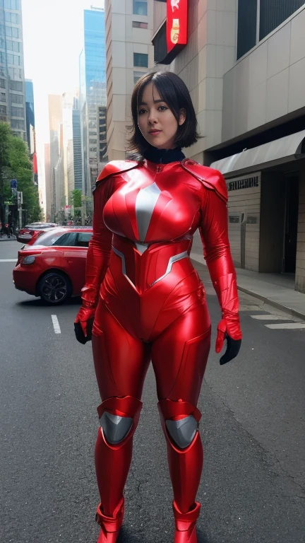 Ultraman、Realistic、realisitic、Cinematic lighting, Woman in shiny red and silver suit、professional photograpy、Does not expose the skin, Japanese Models, japanese cgi、Ultraman、, power ranger、Tight thin cyber suit,whole body rubbery、pink there、 fleshy body, large boob、big butts、Big belly、thick thight、thick arms、both sides、 Round face、Fat face、chubby cheeks、Sauce order、big eye、Short-haired black hair、Facing the front、Standing facing the front、A glowing sphere is embedded in the chest、Big as Gulliver、 Urban area、buliding、A city scape、