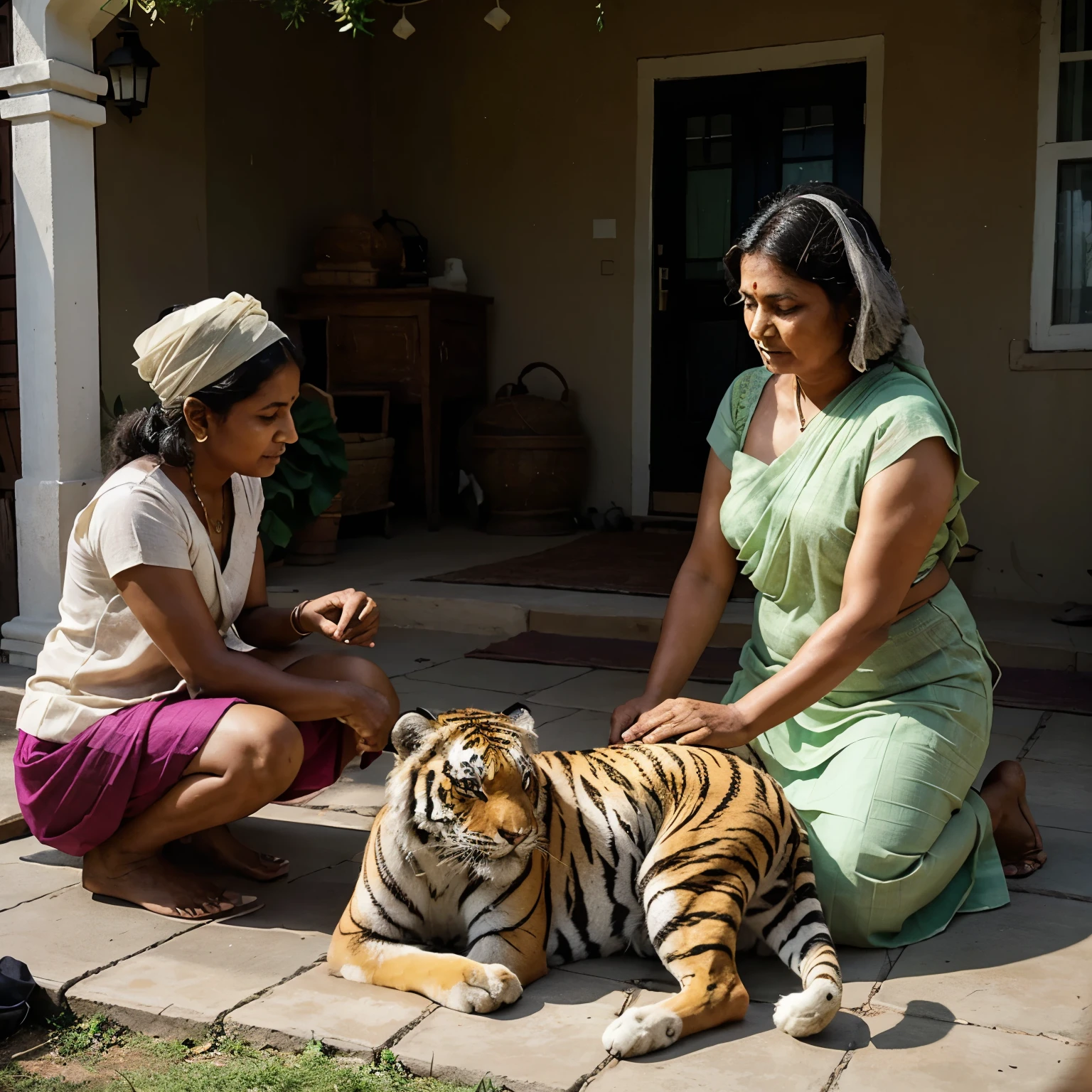 Two old Indian ladies in saree seating outside home on floor creating tiger from cabbage