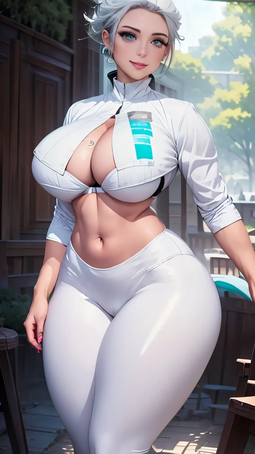 (best quality, realistic:1.37),sexy woman,large breasts,athletic body,white and cyan leggings,white bra,white hair,white denim jacket