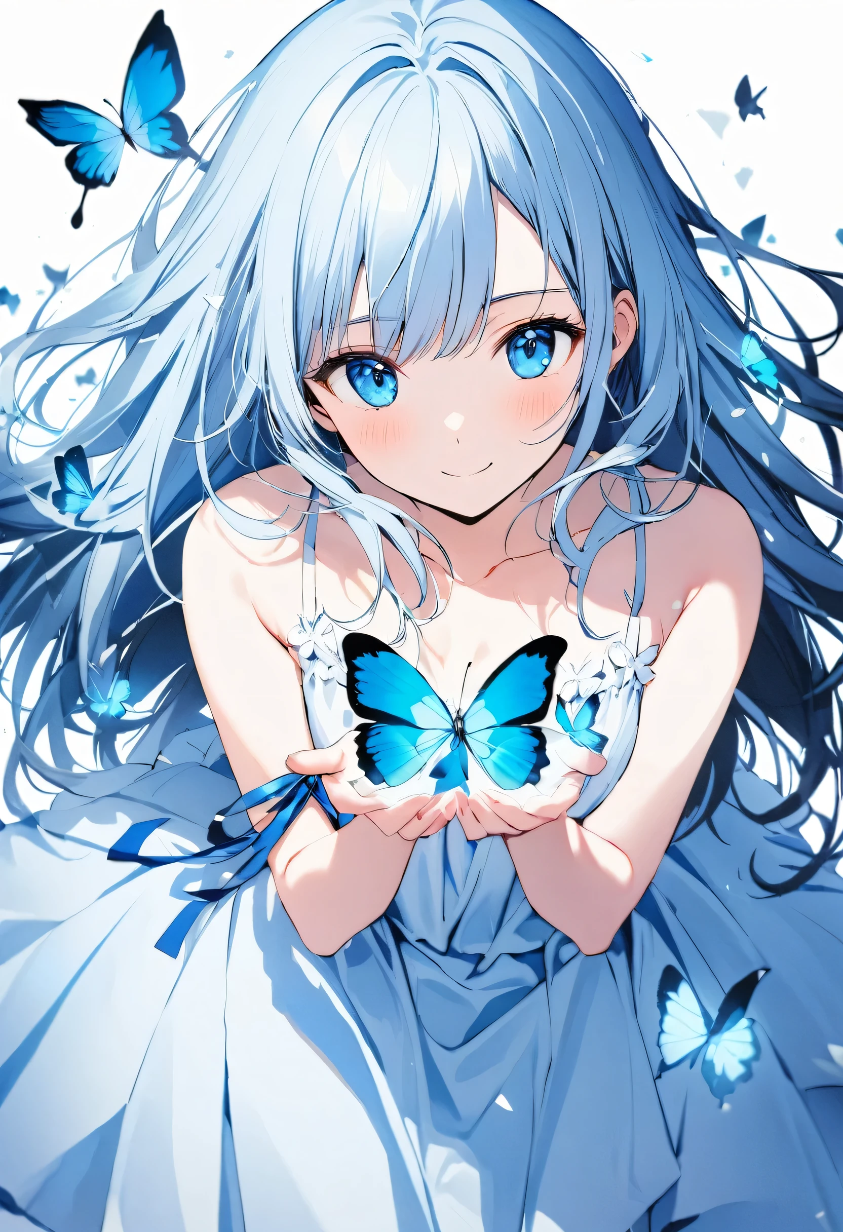 1girl,bare_arms,bare_shoulders,holding_butterfly,cupped_hands,hands_out,delicate_holding,blue_butterfly,blue_ribbon,blue_theme,breasts,bug,butterfly,butterfly_on_hand,closed_mouth,collarbone,dress,glass_shards,ribbon,simple_background,sleeveless,sleeveless_dress,small_breasts,smile,solo,sundress,too_many,too_many_butterflies,white_background,white_dress,wrist_ribbon,serii,