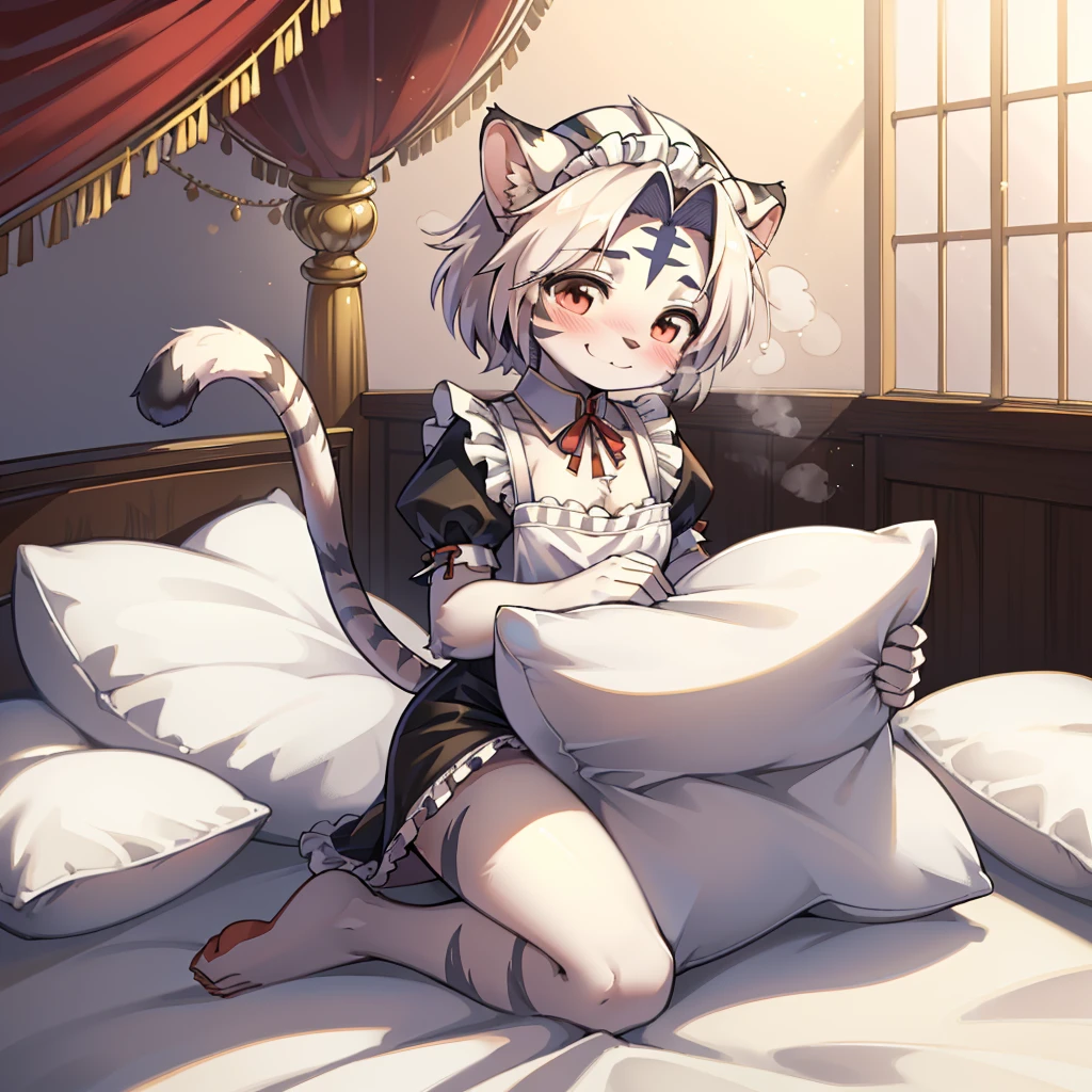 （masterpiece，best quality），my own, The Beast, , (Light and shadow suitable for any pillow background））, 穿着Maid costume的可爱女孩在枕头上摆姿势, Maid costume，White，Nature,, (blush),a smile，Pillow Head,（Lots of pillows），Soft cushion，（canopy bed），Soft pillow quotation，（Pillow damage），Lots of pillows，（Crotch rubbing），（（Pillow Hump）），（Pillow Head），（A tail），，（Pink pillow），（Love around the protagonist），Steam，（Pillow Head），（），（Luxury pillows），（Palace pillow pattern pillow），（palace），（Palace bedroom），（Gorgeous pattern pillow），Soft pillows，，（Classical European style bedroom ），（excited，shy person，Lack of expressiveness，），，pillow humping,kogenta (Onmyou Taisenki),tiger tail,tiger ears,Tiger pattern,white shin